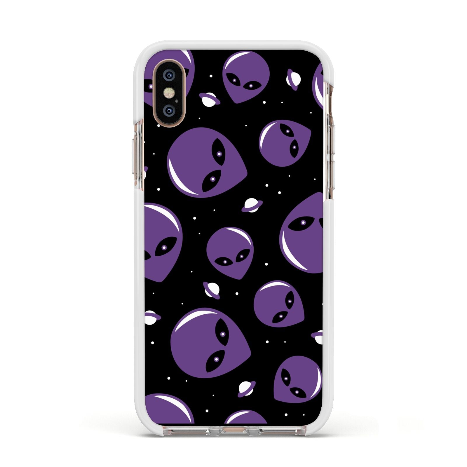 Alien Faces Apple iPhone Xs Impact Case White Edge on Gold Phone