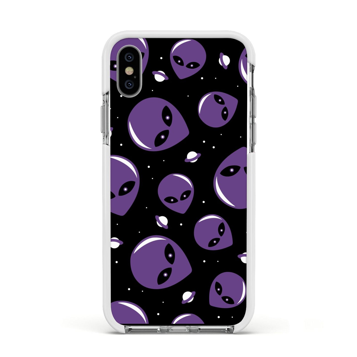 Alien Faces Apple iPhone Xs Impact Case White Edge on Silver Phone