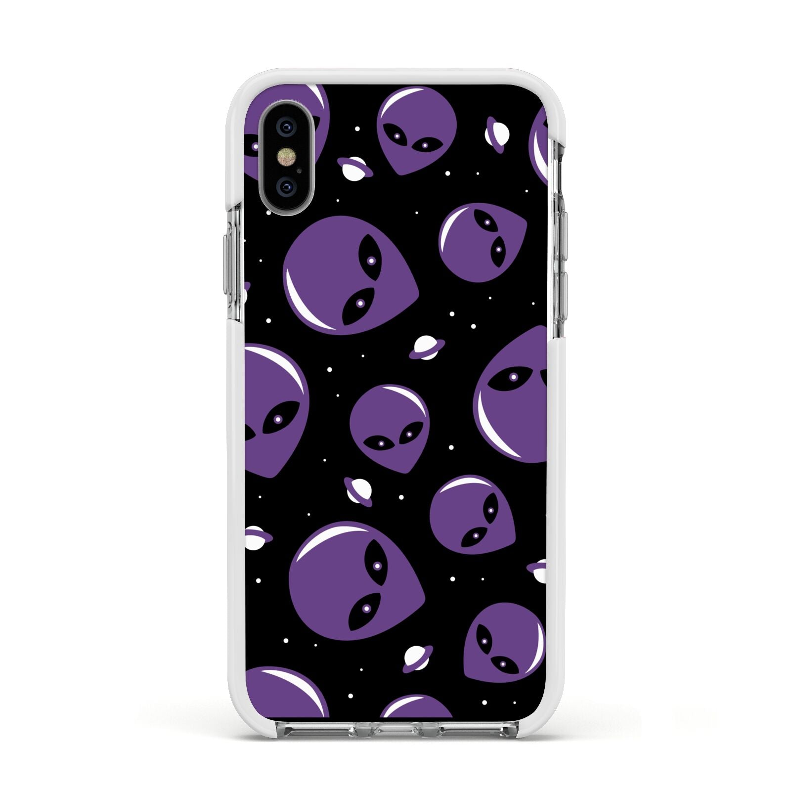 Alien Faces Apple iPhone Xs Impact Case White Edge on Silver Phone
