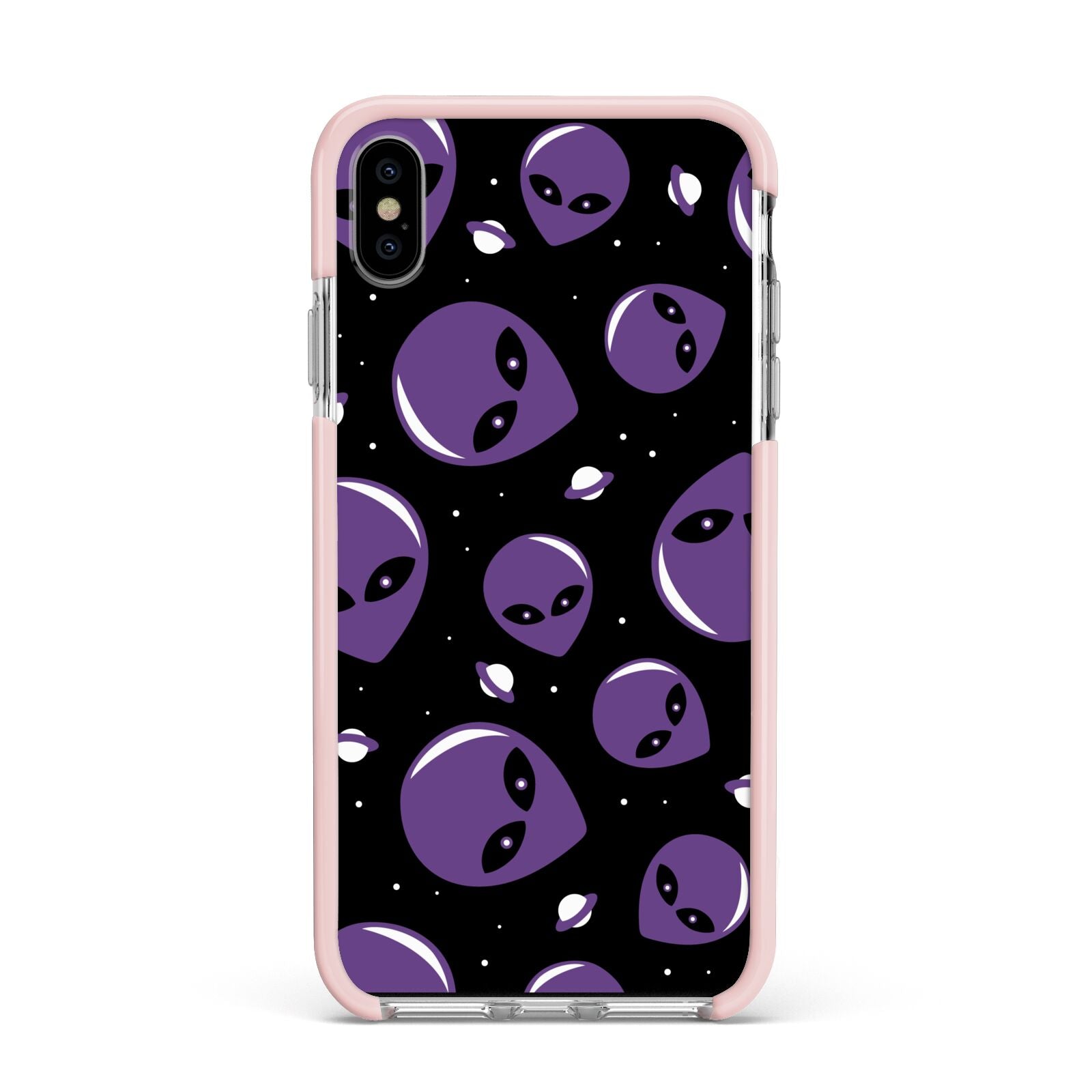 Alien Faces Apple iPhone Xs Max Impact Case Pink Edge on Silver Phone