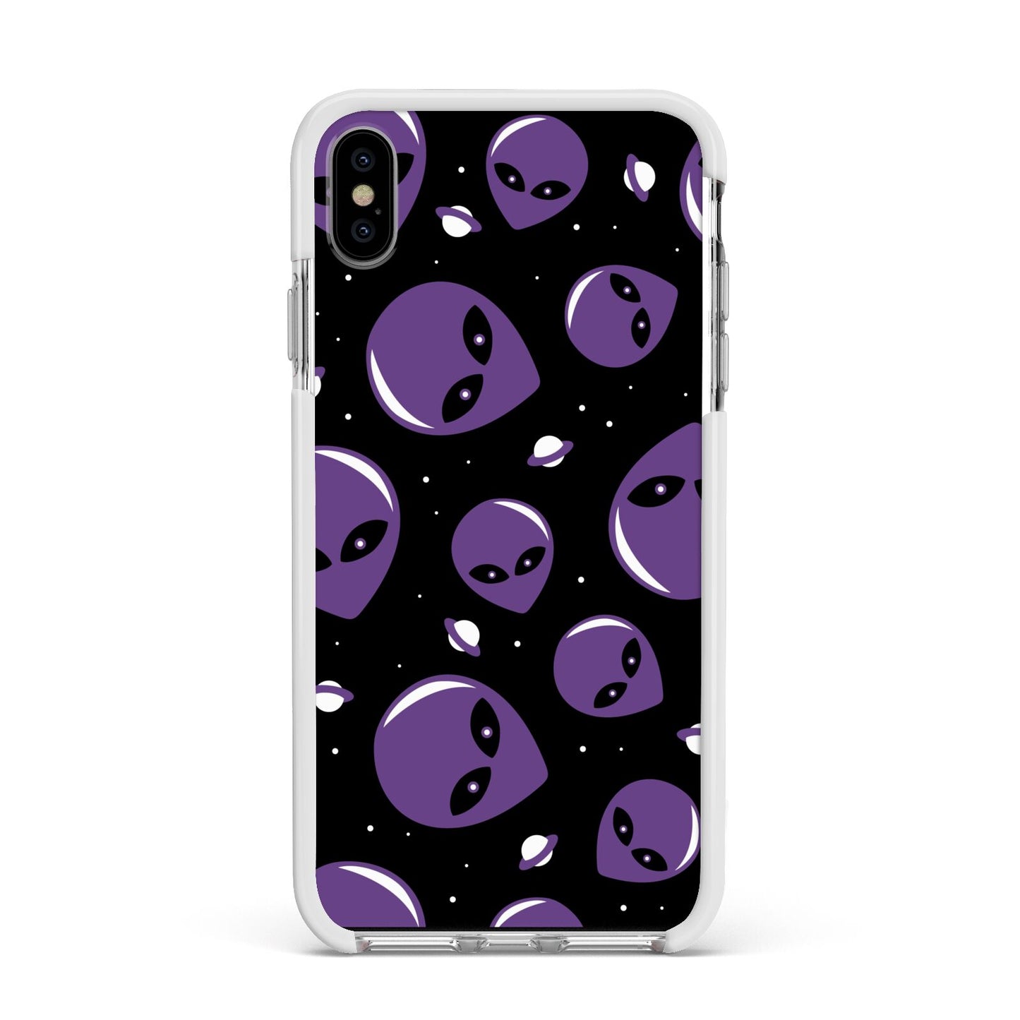 Alien Faces Apple iPhone Xs Max Impact Case White Edge on Silver Phone