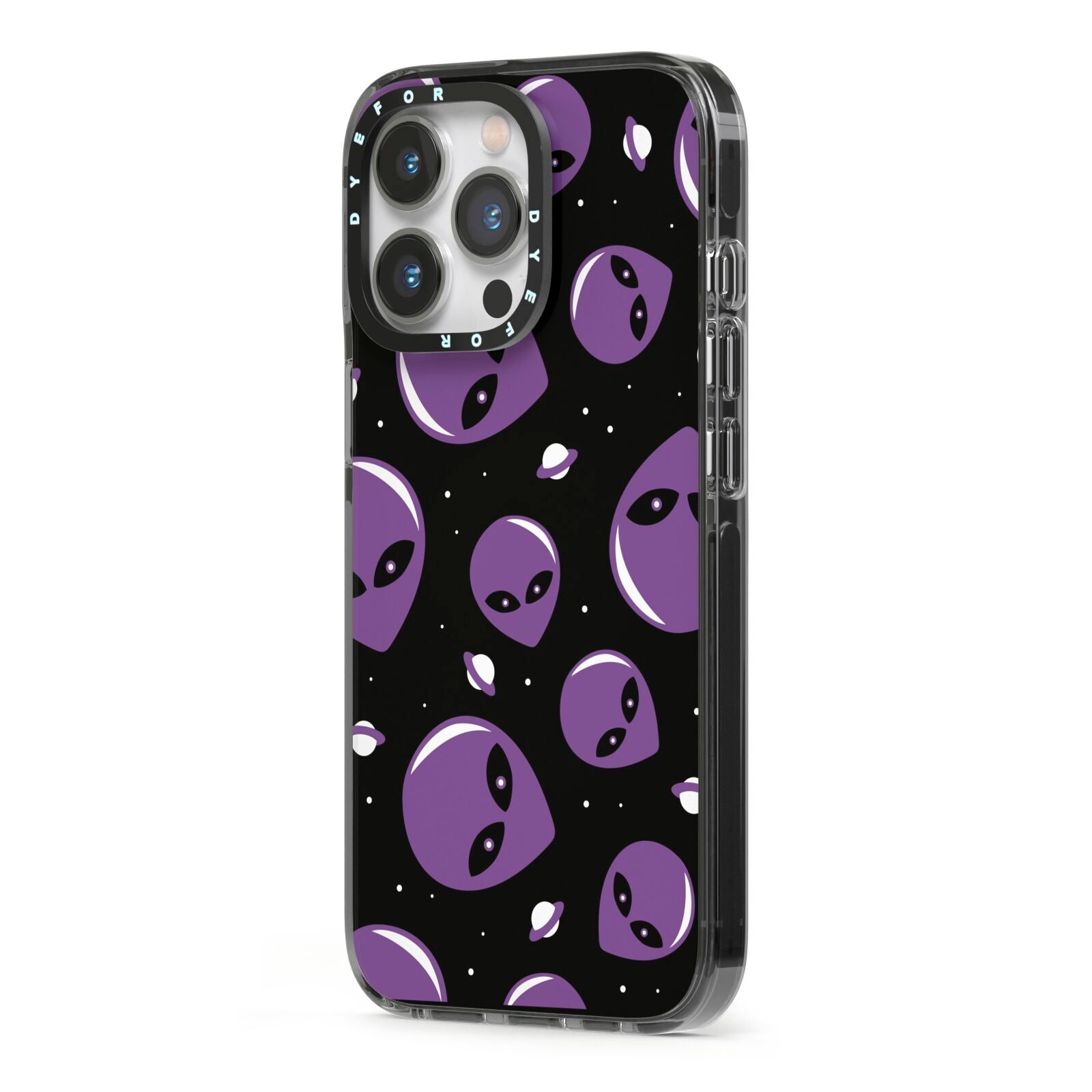 Alien Faces iPhone 13 Pro Black Impact Case Side Angle on Silver phone