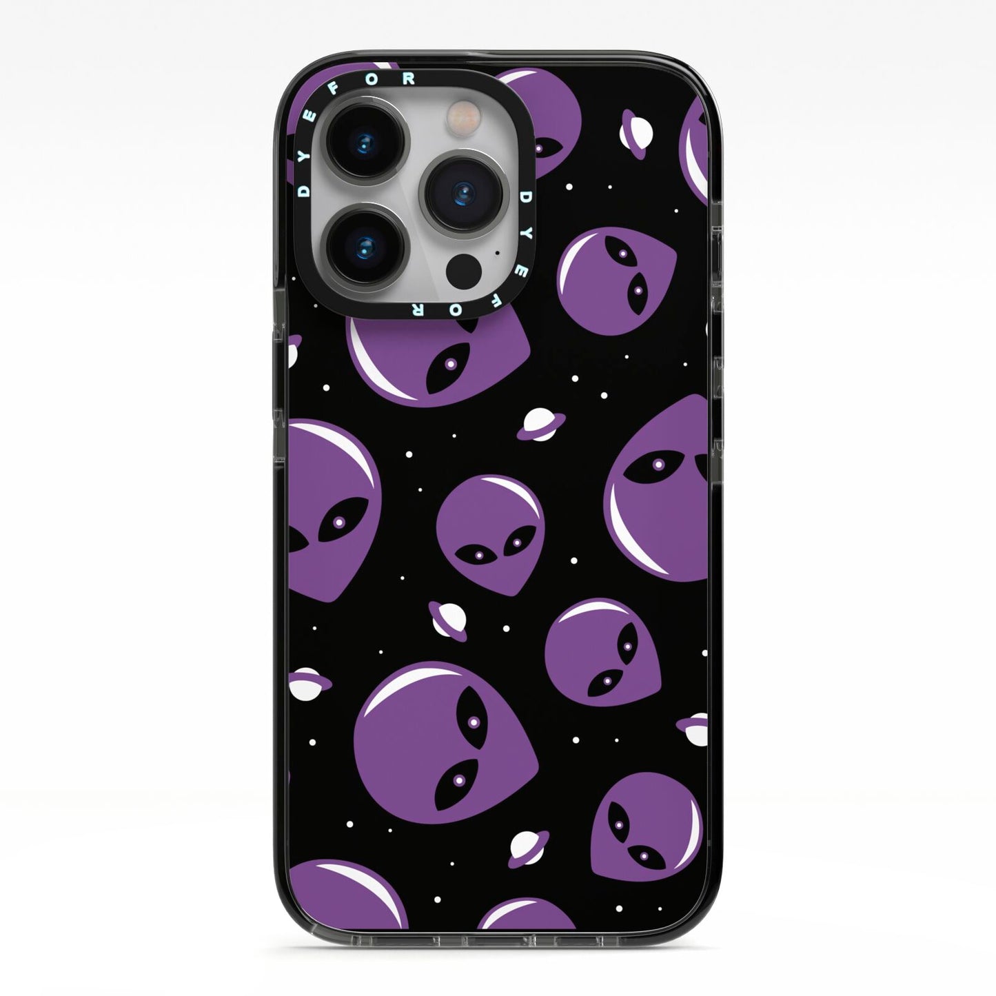 Alien Faces iPhone 13 Pro Black Impact Case on Silver phone
