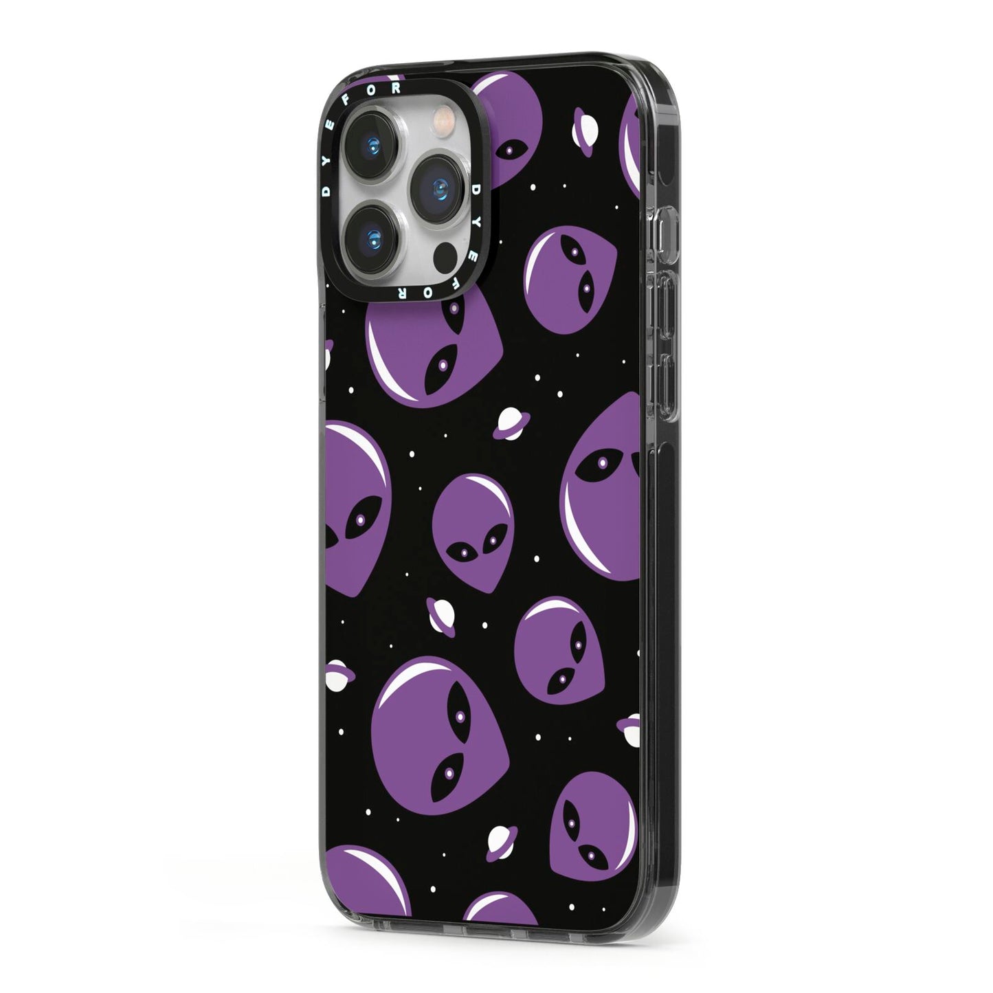 Alien Faces iPhone 13 Pro Max Black Impact Case Side Angle on Silver phone