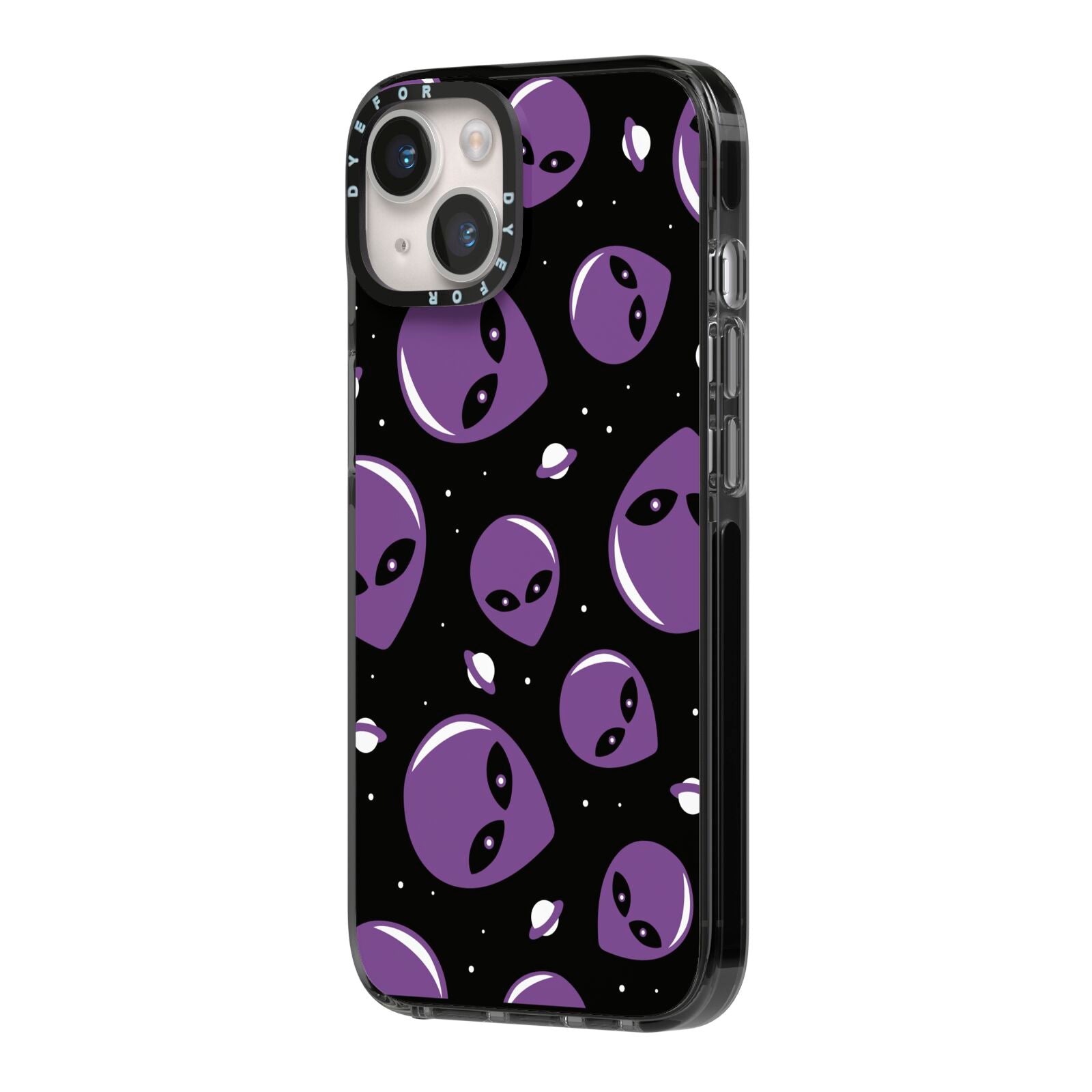 Alien Faces iPhone 14 Black Impact Case Side Angle on Silver phone