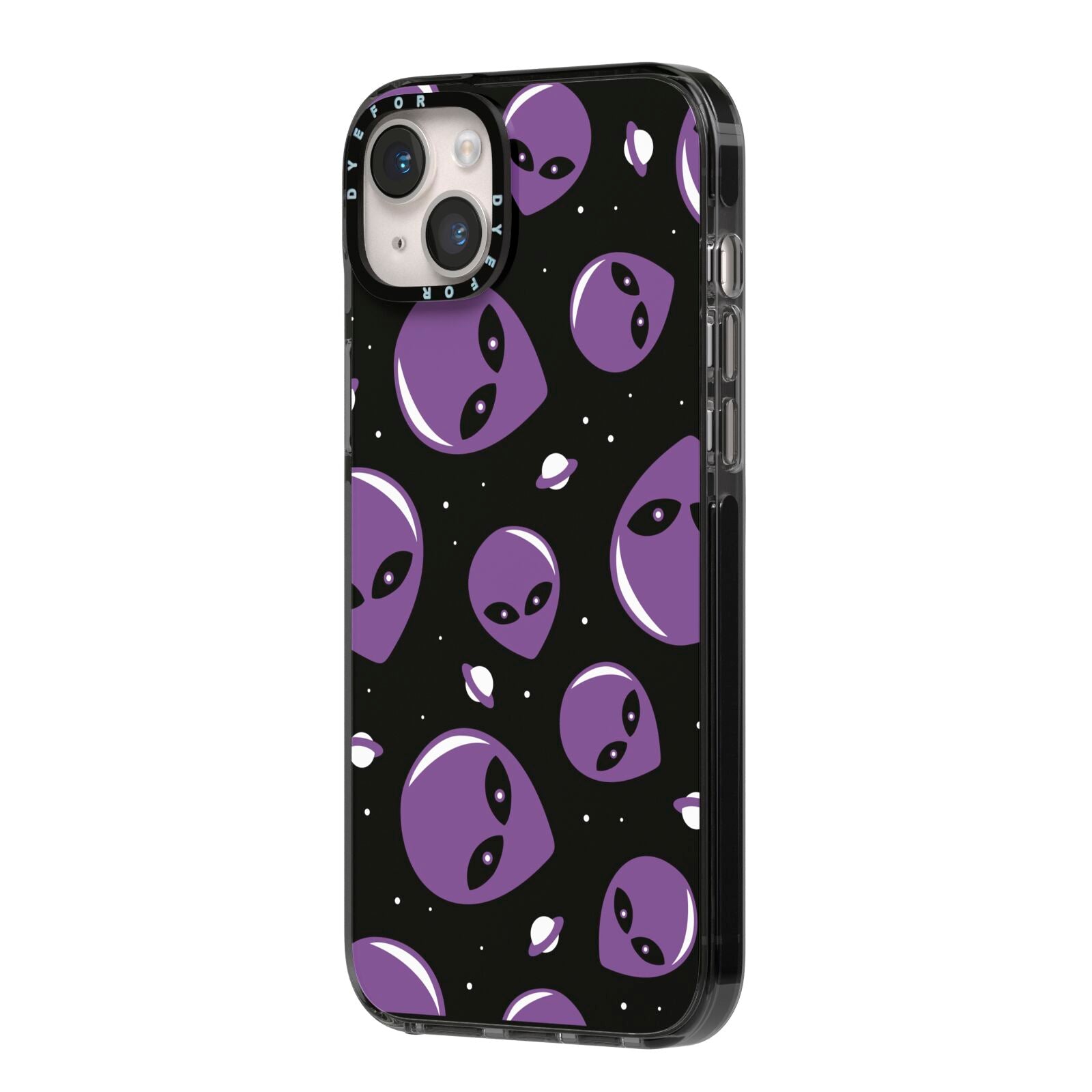 Alien Faces iPhone 14 Plus Black Impact Case Side Angle on Silver phone