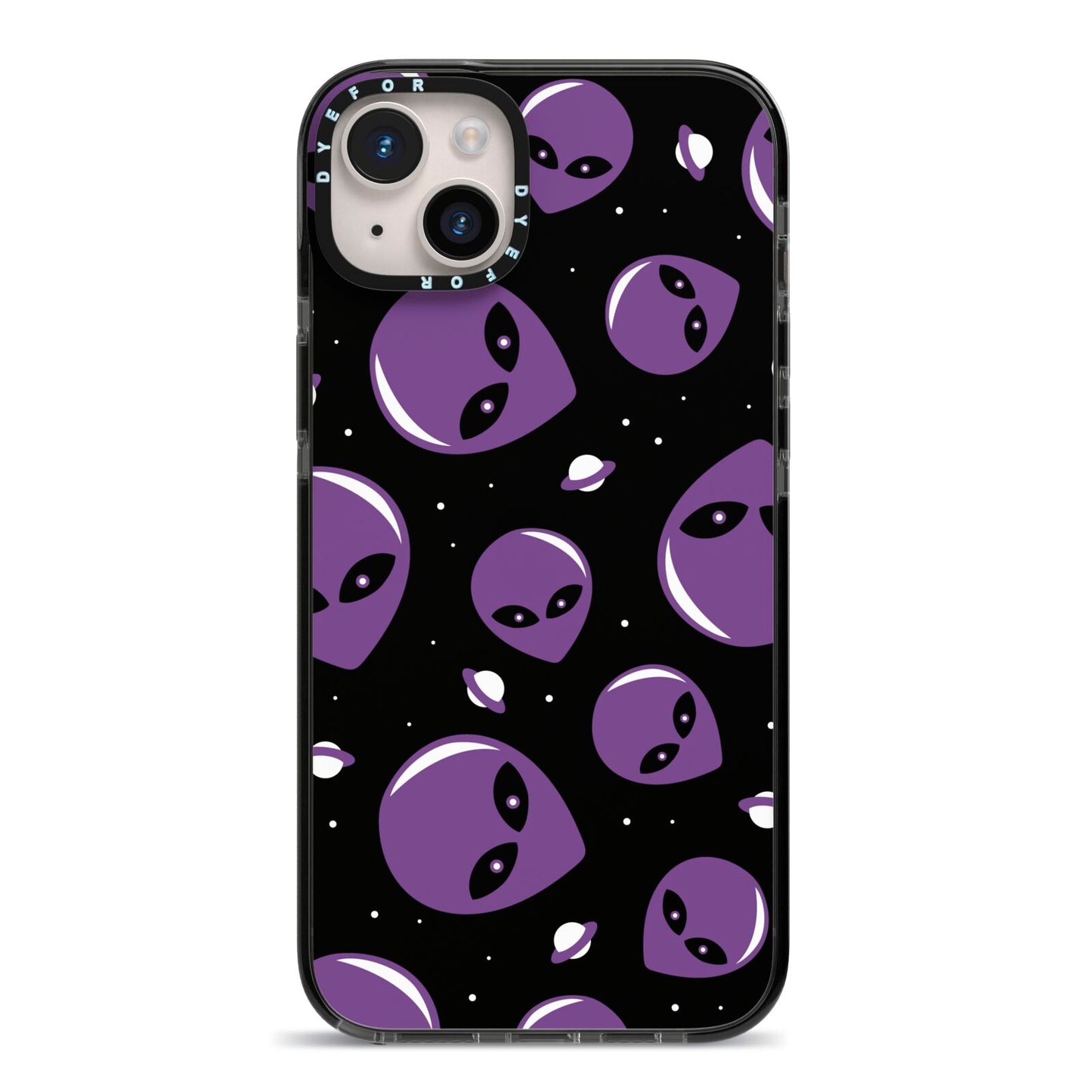Alien Faces iPhone 14 Plus Black Impact Case on Silver phone