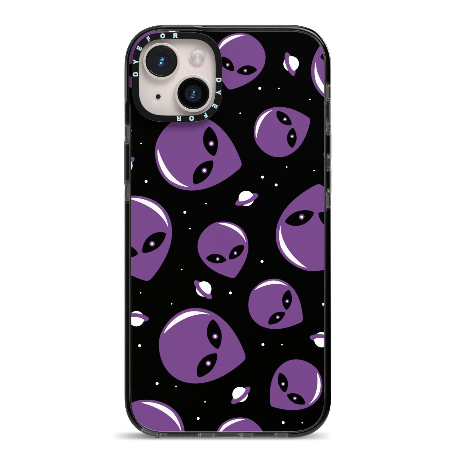 Alien Faces iPhone 14 Plus Black Impact Case on Silver phone