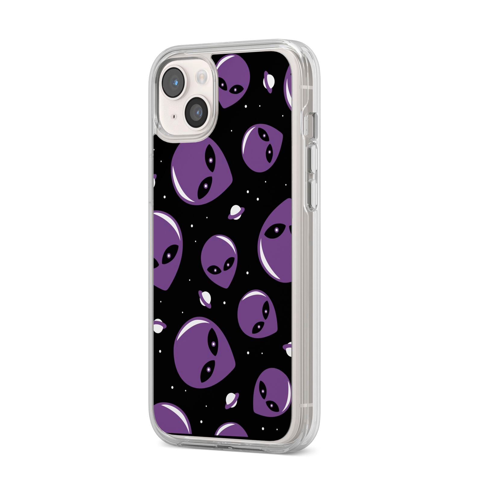 Alien Faces iPhone 14 Plus Clear Tough Case Starlight Angled Image
