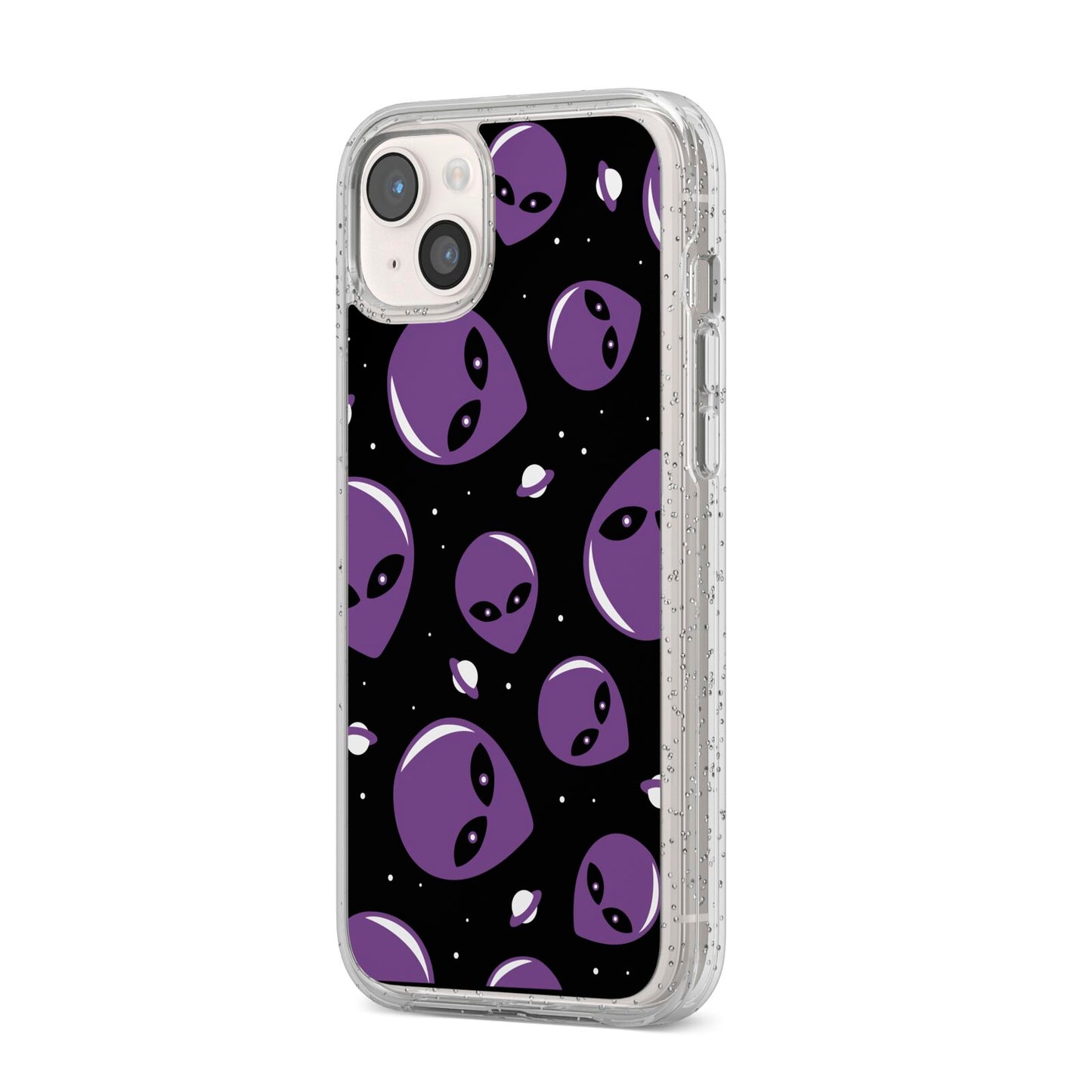 Alien Faces iPhone 14 Plus Glitter Tough Case Starlight Angled Image