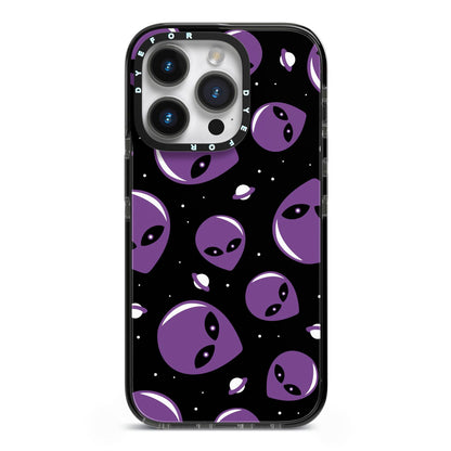 Alien Faces iPhone 14 Pro Black Impact Case on Silver phone