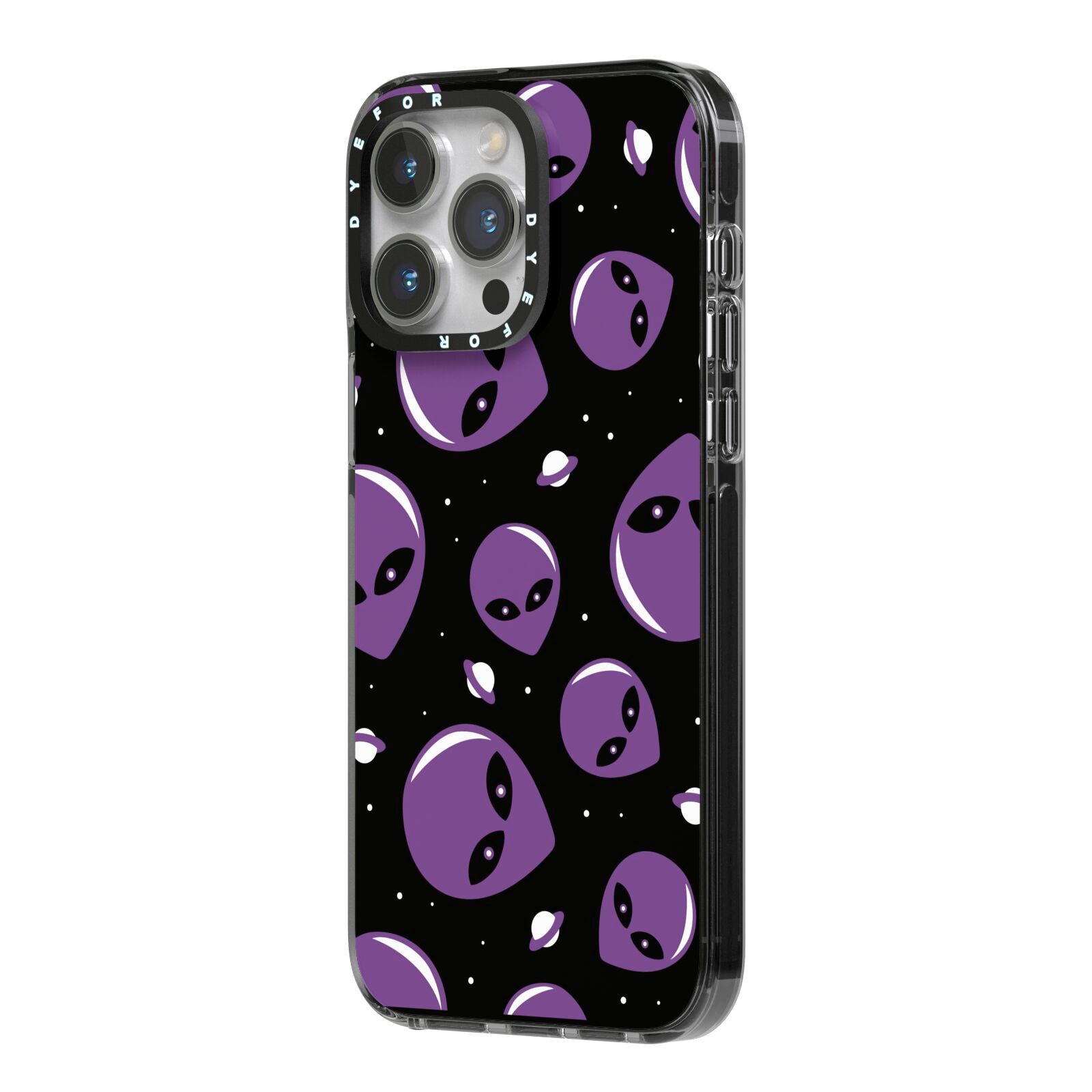 Alien Faces iPhone 14 Pro Max Black Impact Case Side Angle on Silver phone