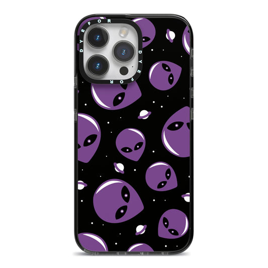 Alien Faces iPhone 14 Pro Max Black Impact Case on Silver phone