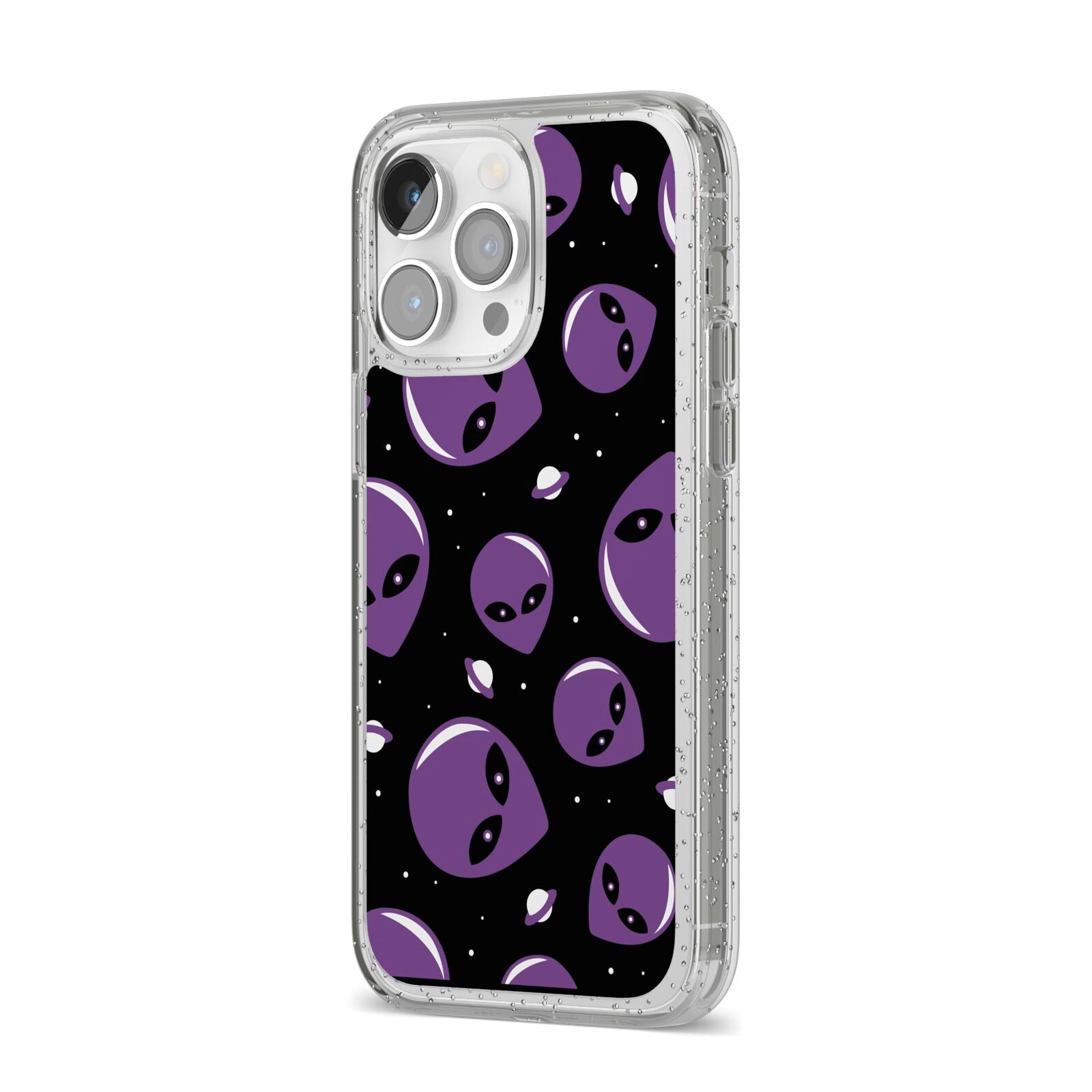 Alien Faces iPhone 14 Pro Max Glitter Tough Case Silver Angled Image