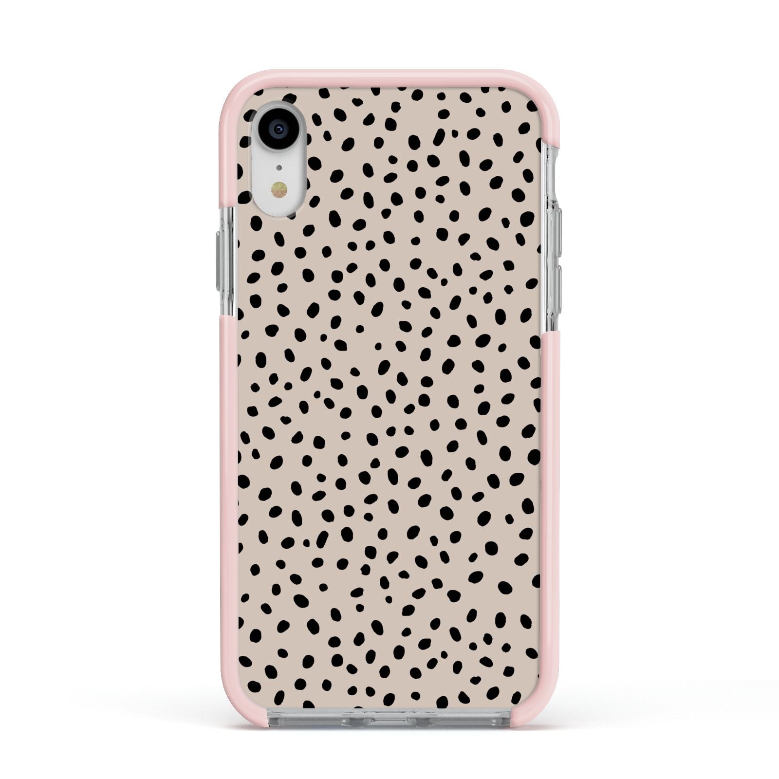 Almond Polka Dot Apple iPhone XR Impact Case Pink Edge on Silver Phone
