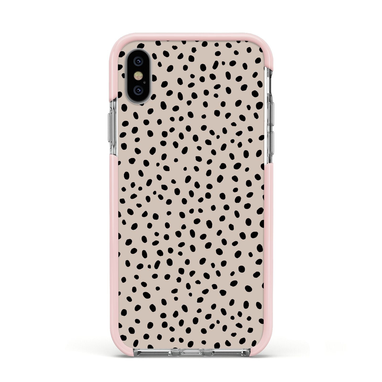 Almond Polka Dot Apple iPhone Xs Impact Case Pink Edge on Silver Phone