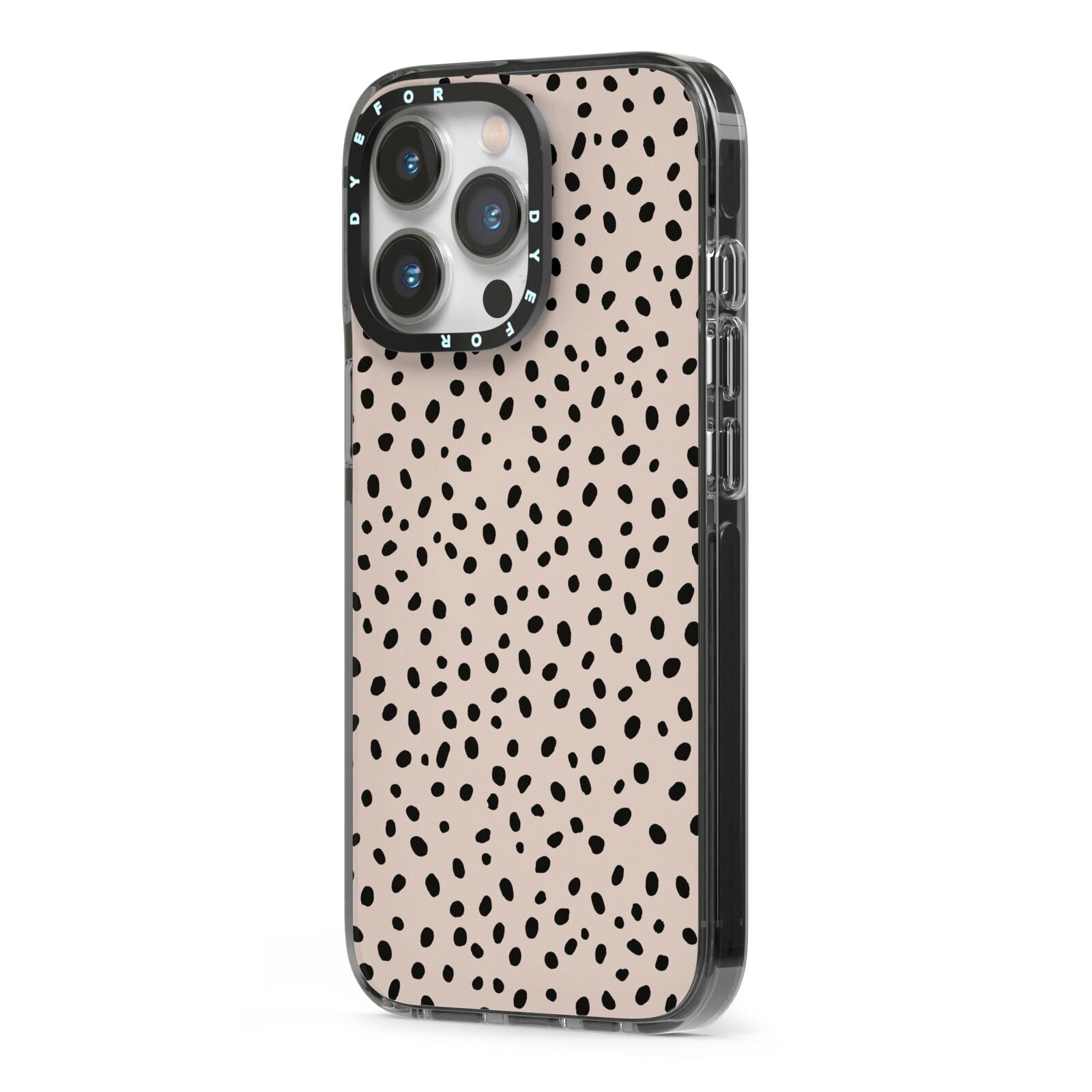 Almond Polka Dot iPhone 13 Pro Black Impact Case Side Angle on Silver phone