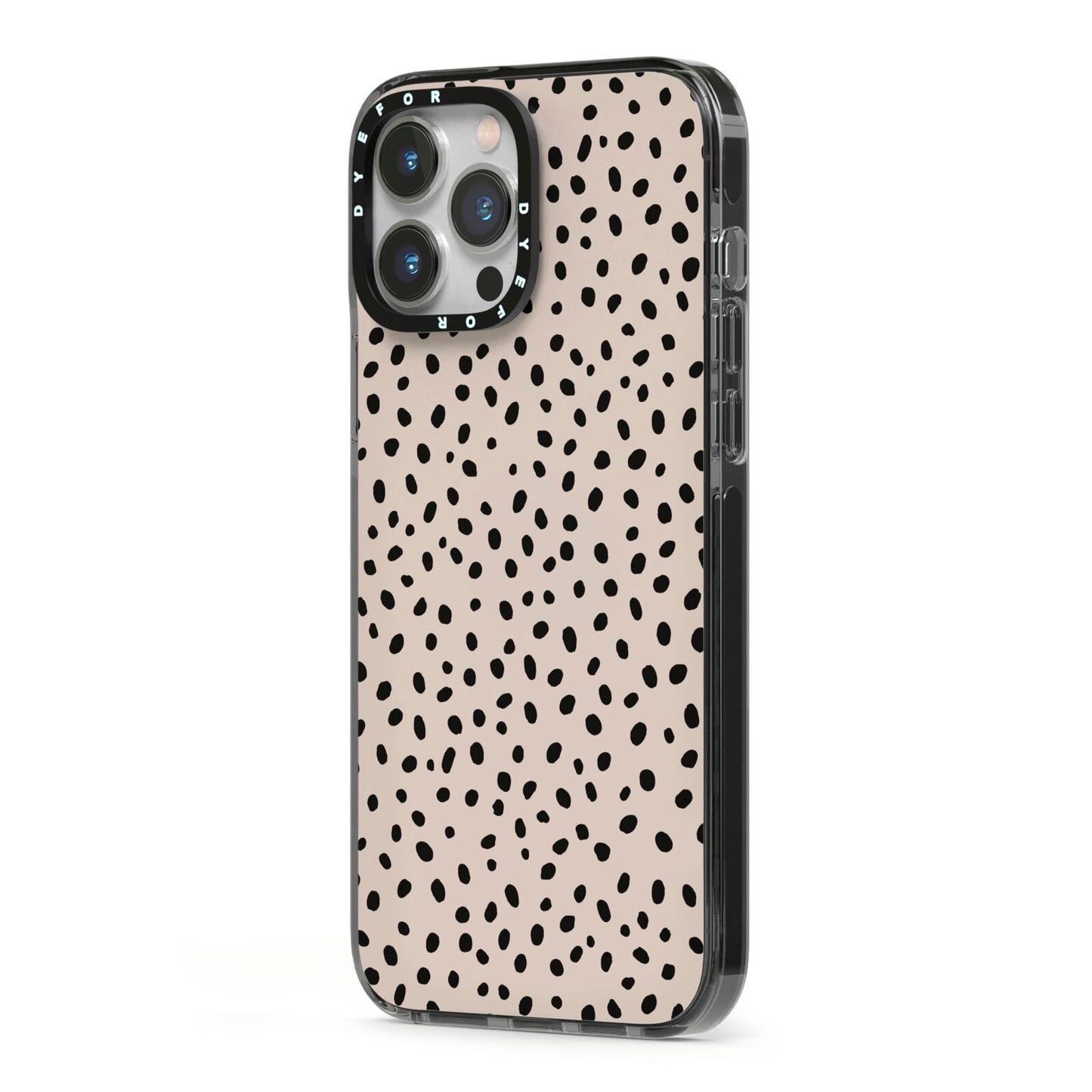 Almond Polka Dot iPhone 13 Pro Max Black Impact Case Side Angle on Silver phone