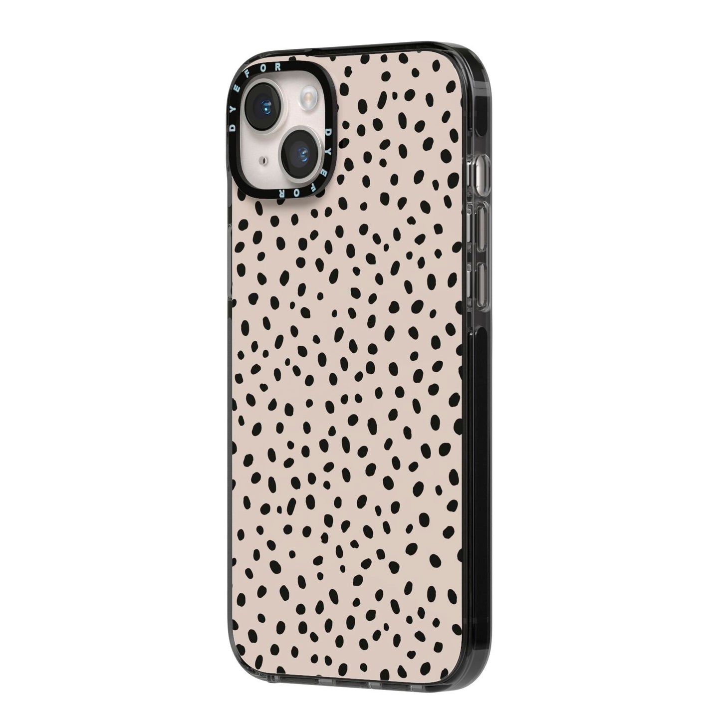 Almond Polka Dot iPhone 14 Plus Black Impact Case Side Angle on Silver phone