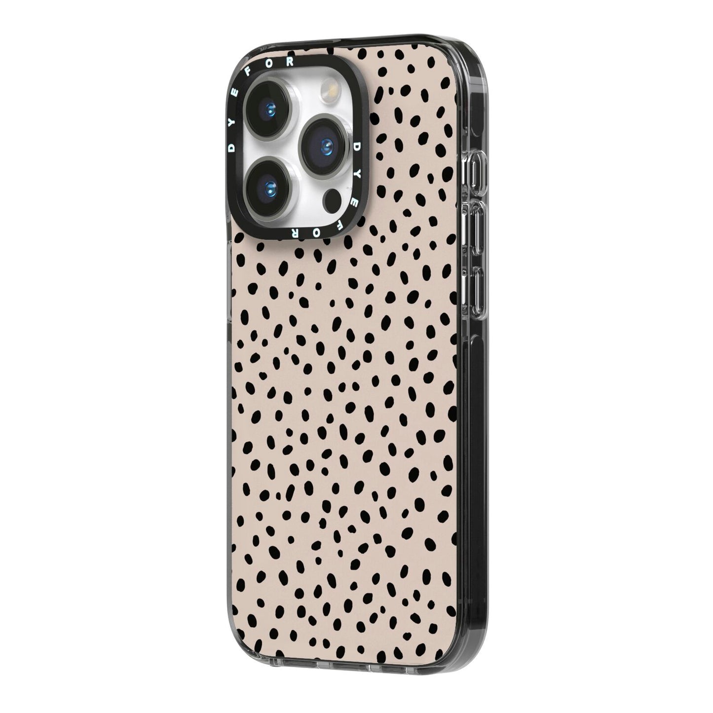 Almond Polka Dot iPhone 14 Pro Black Impact Case Side Angle on Silver phone