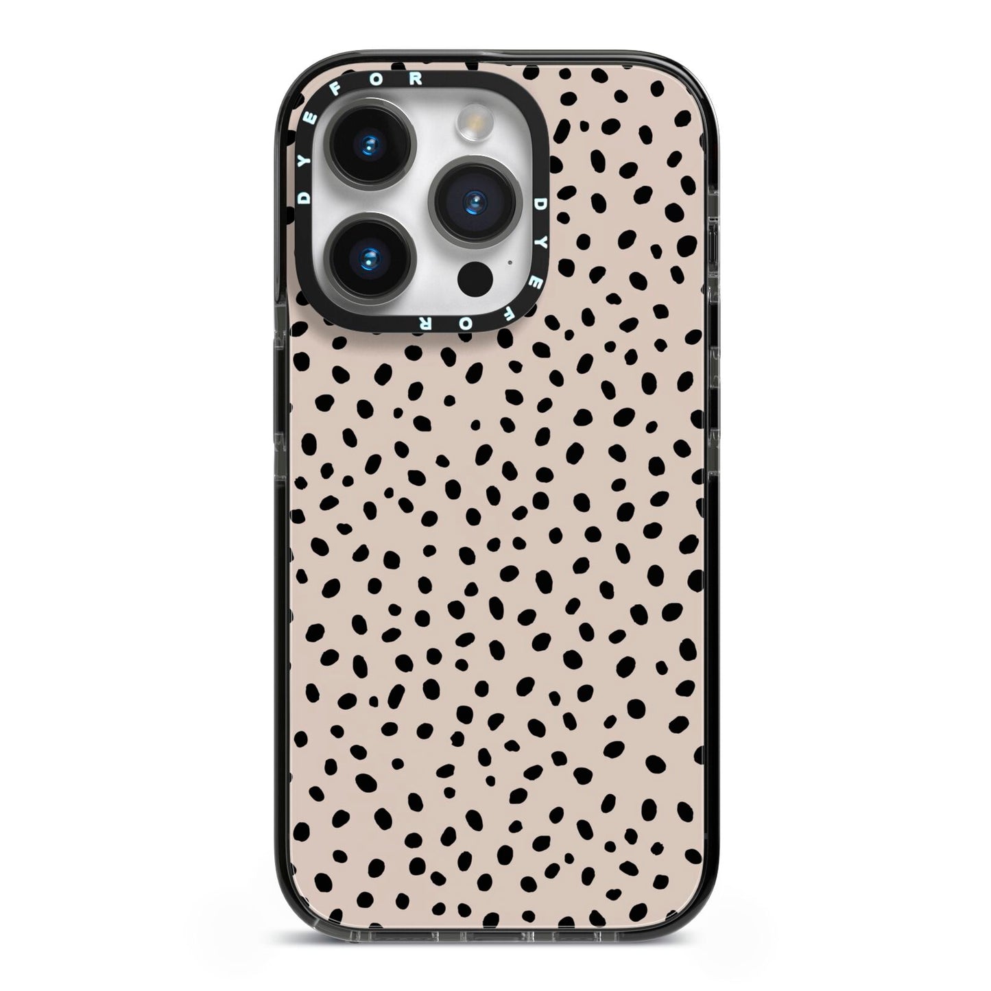 Almond Polka Dot iPhone 14 Pro Black Impact Case on Silver phone