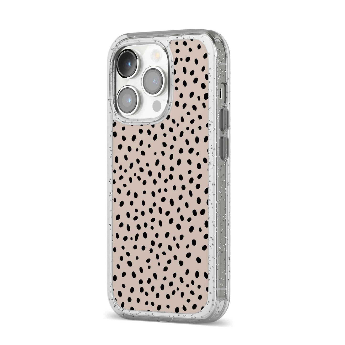 Almond Polka Dot iPhone 14 Pro Glitter Tough Case Silver Angled Image