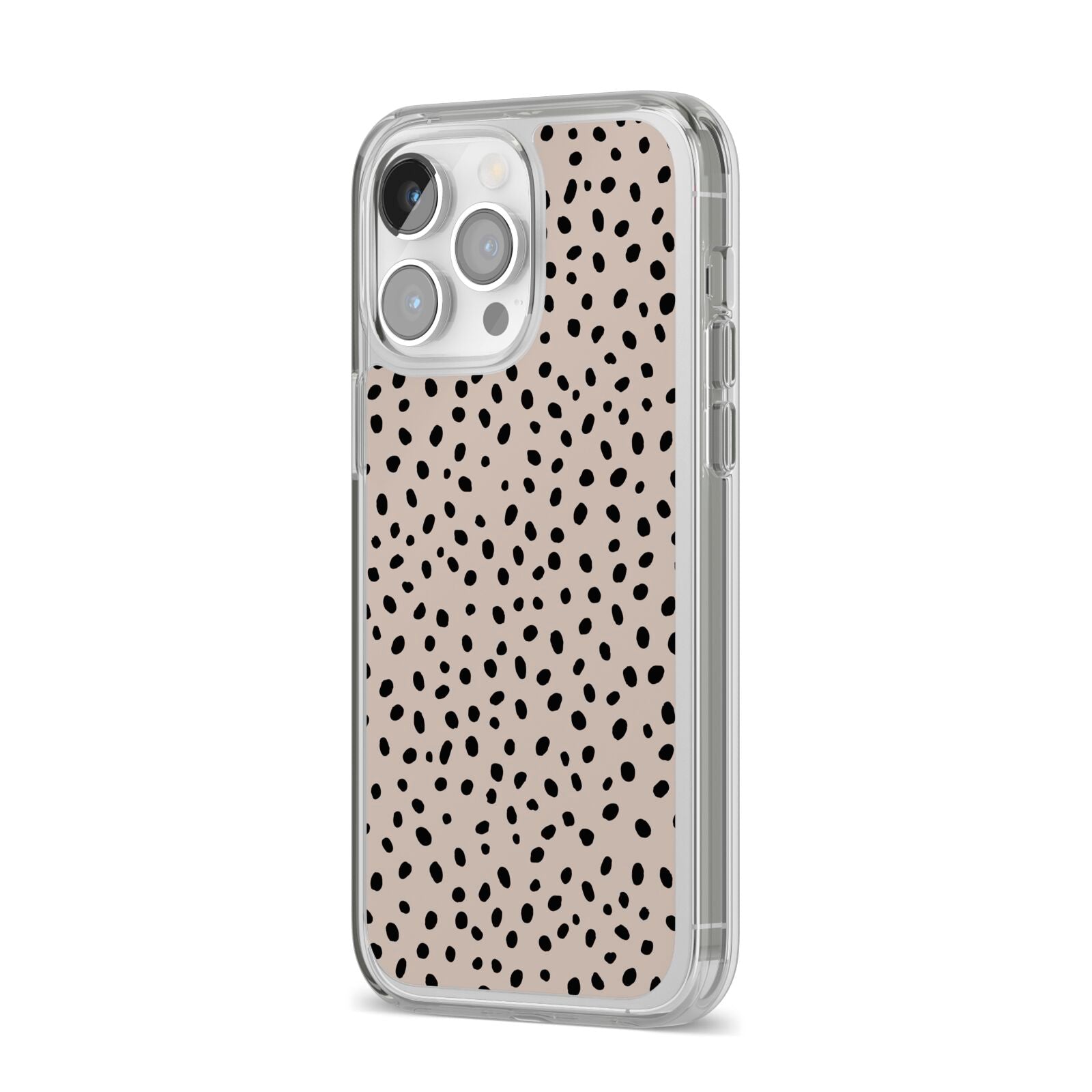 Almond Polka Dot iPhone 14 Pro Max Clear Tough Case Silver Angled Image