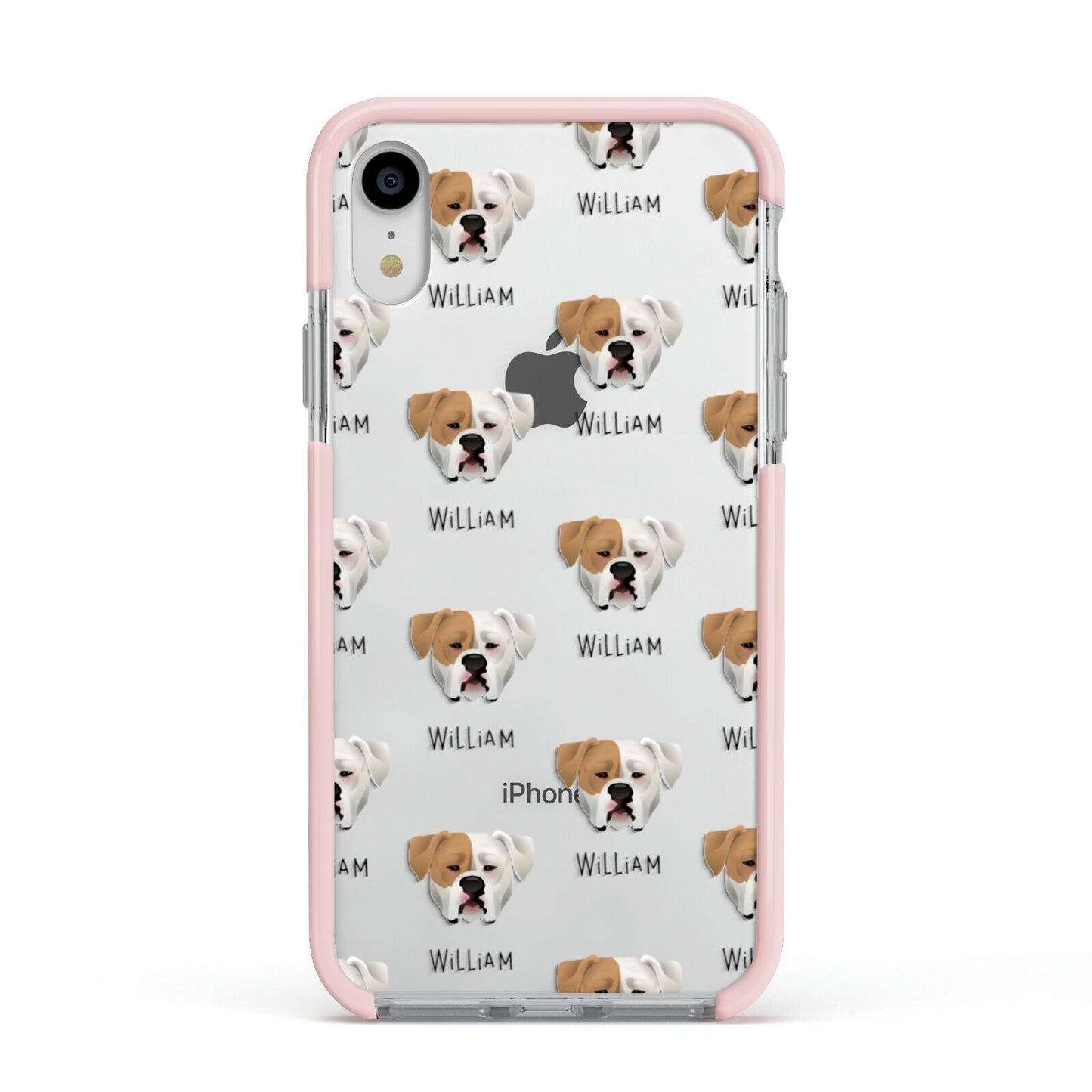 American Bulldog Icon with Name Apple iPhone XR Impact Case Pink Edge on Silver Phone