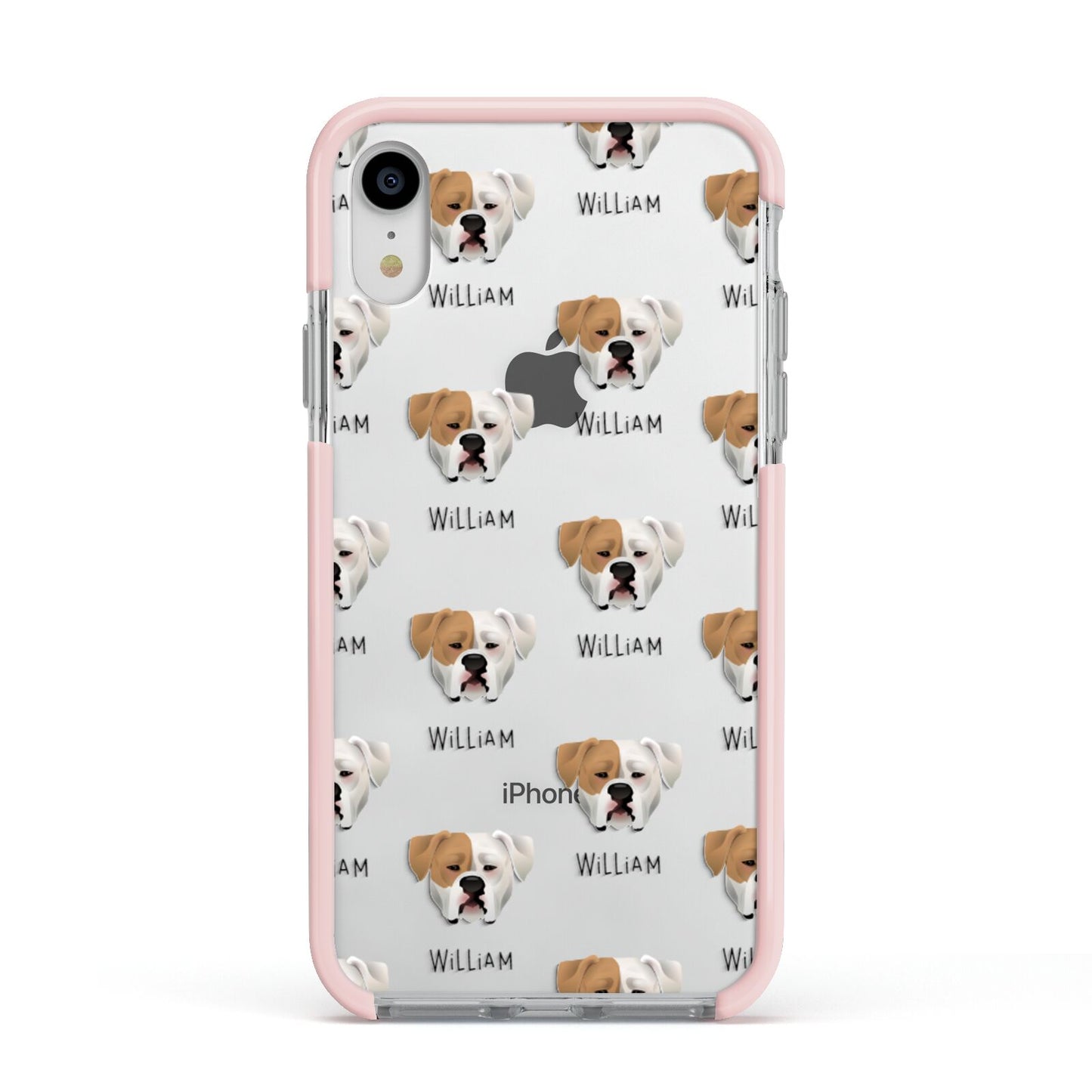 American Bulldog Icon with Name Apple iPhone XR Impact Case Pink Edge on Silver Phone