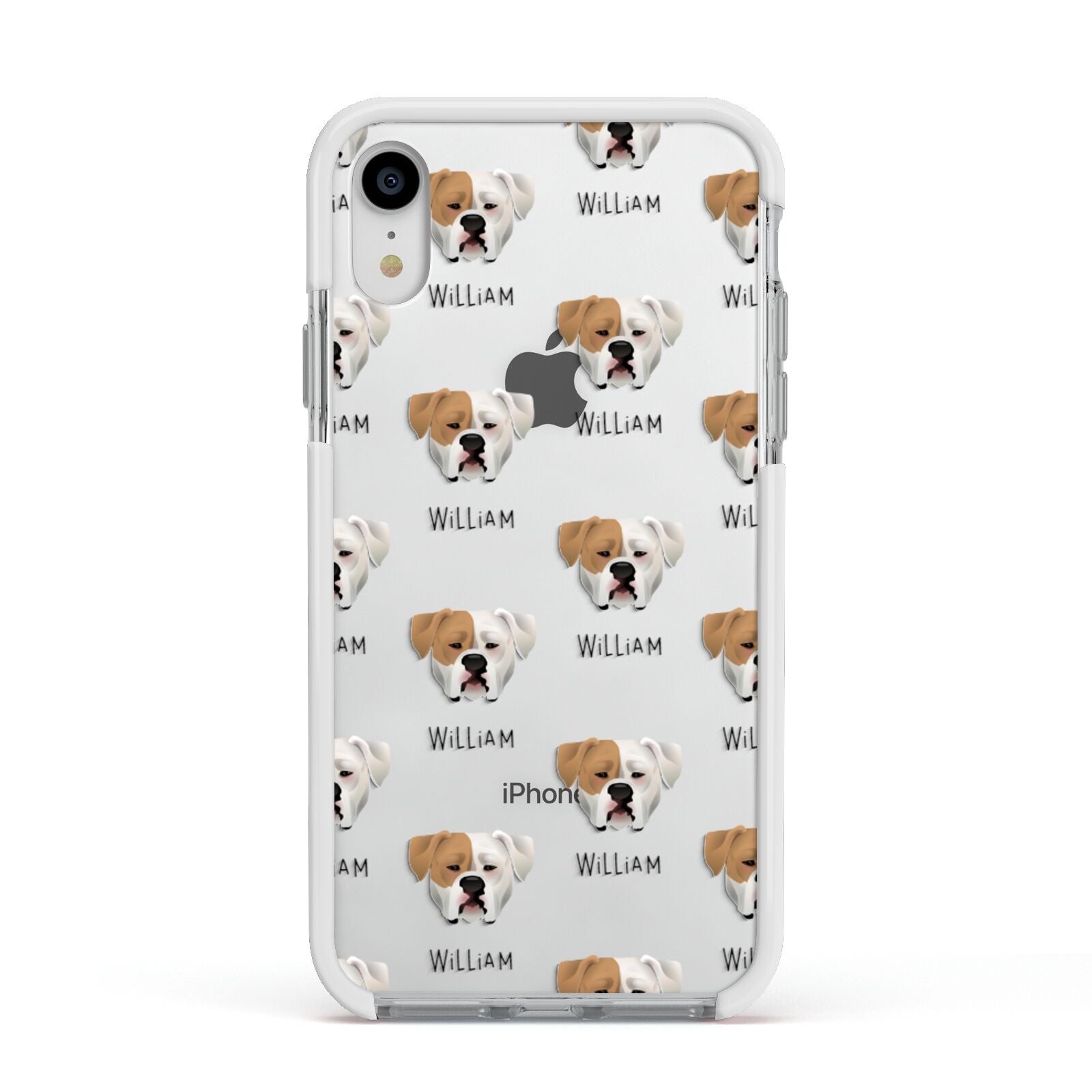 American Bulldog Icon with Name Apple iPhone XR Impact Case White Edge on Silver Phone