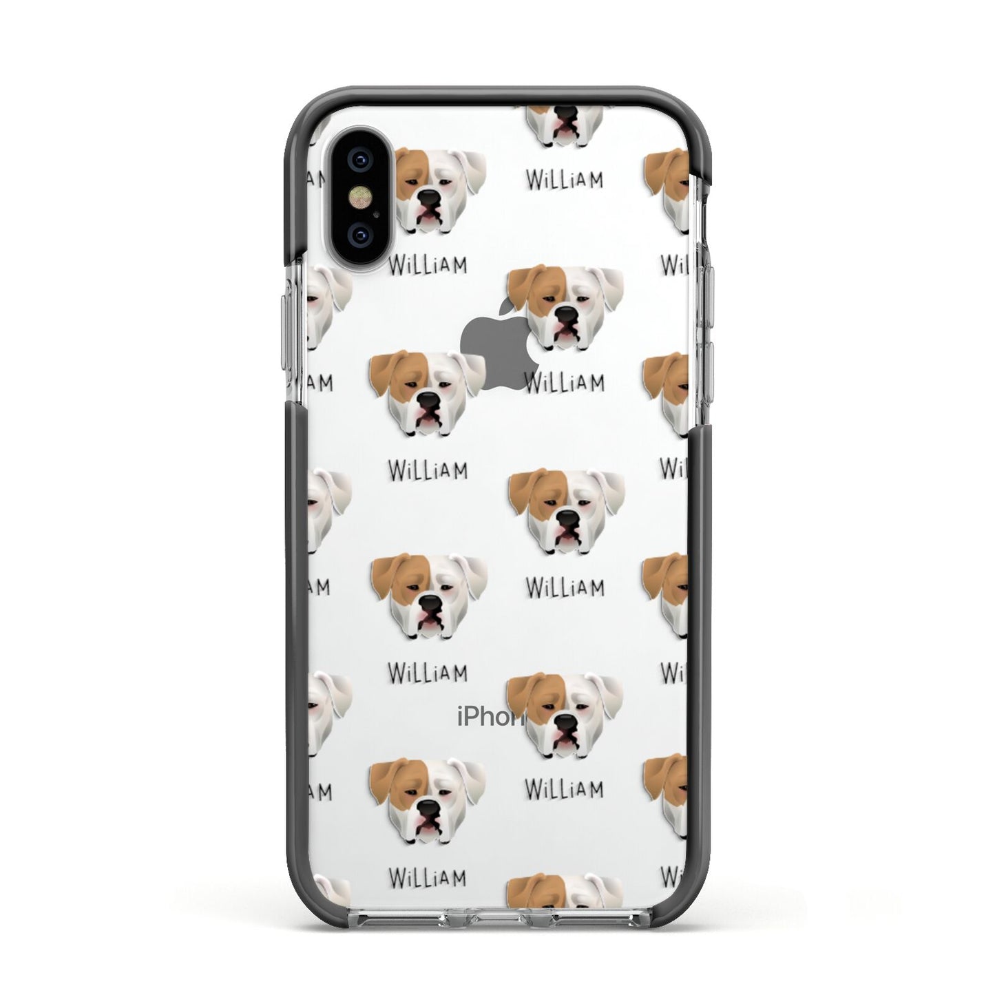 American Bulldog Icon with Name Apple iPhone Xs Impact Case Black Edge on Silver Phone