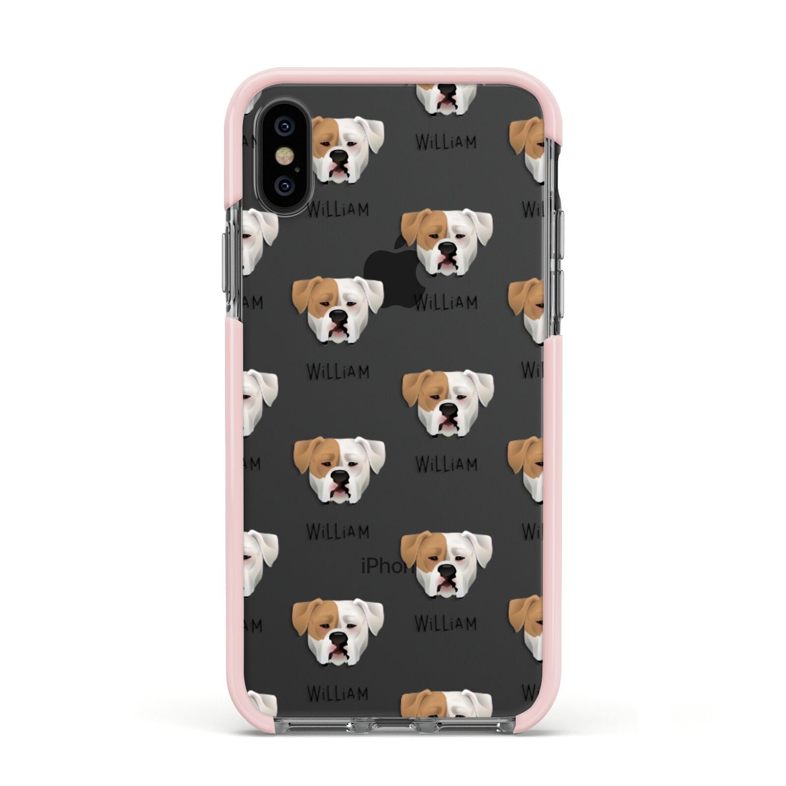 American Bulldog Icon with Name Apple iPhone Xs Impact Case Pink Edge on Black Phone