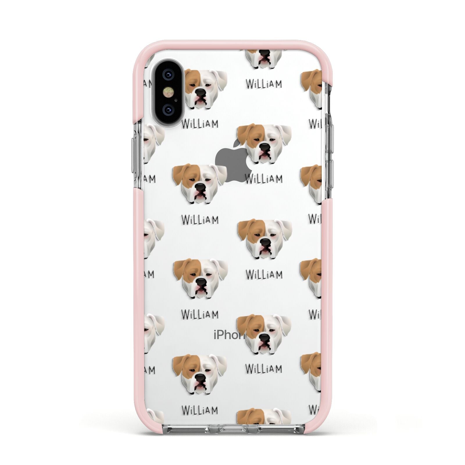 American Bulldog Icon with Name Apple iPhone Xs Impact Case Pink Edge on Silver Phone
