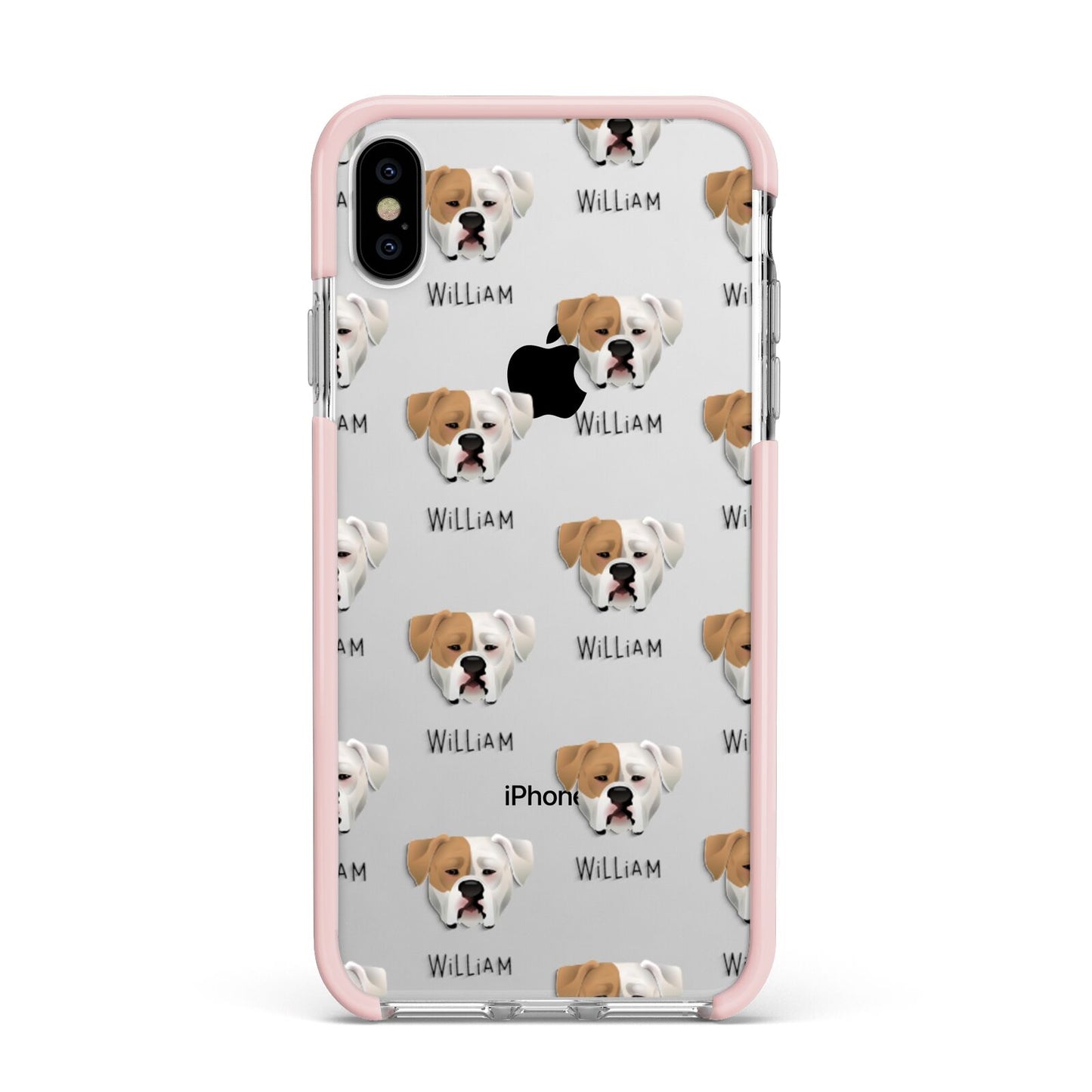 American Bulldog Icon with Name Apple iPhone Xs Max Impact Case Pink Edge on Silver Phone