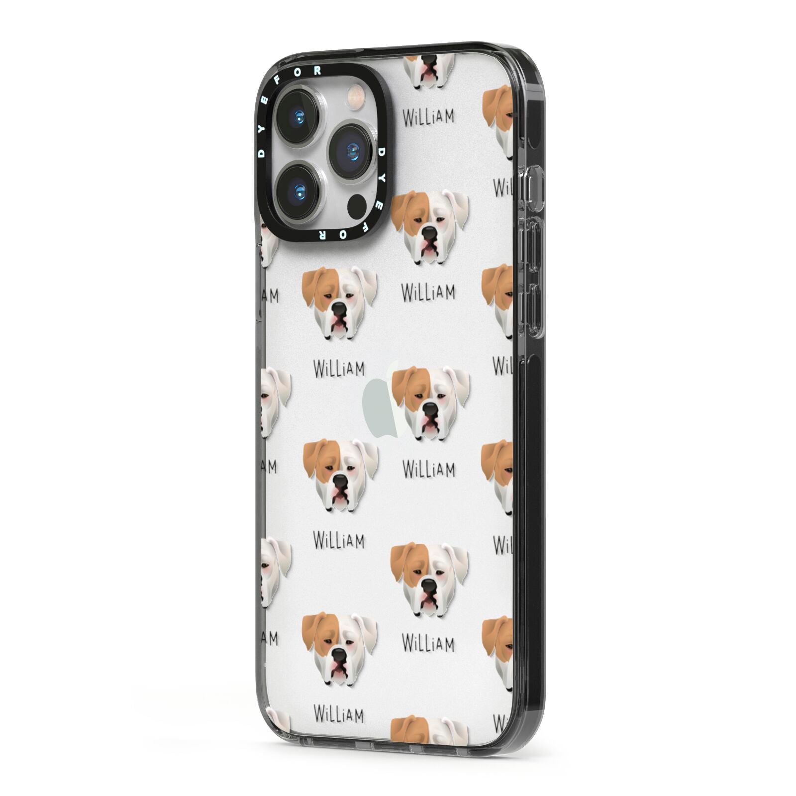 American Bulldog Icon with Name iPhone 13 Pro Max Black Impact Case Side Angle on Silver phone