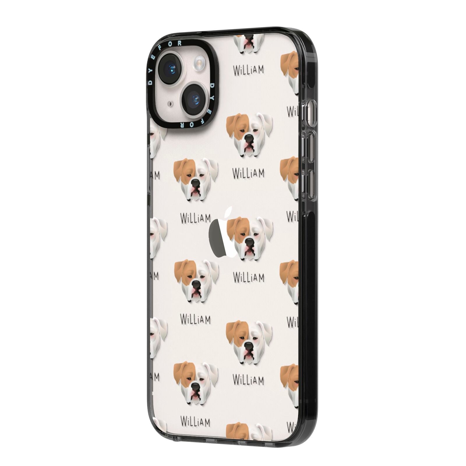 American Bulldog Icon with Name iPhone 14 Plus Black Impact Case Side Angle on Silver phone