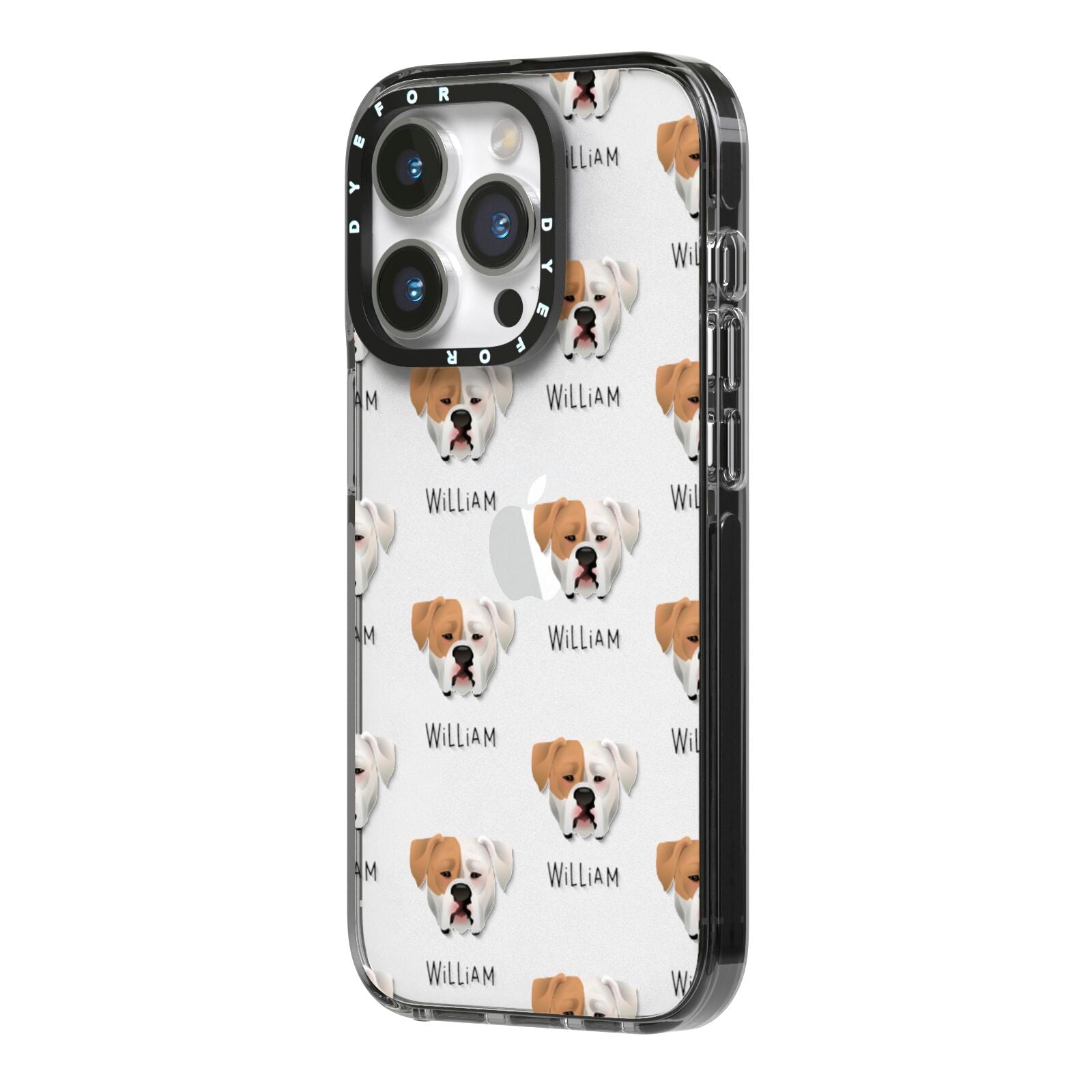 American Bulldog Icon with Name iPhone 14 Pro Black Impact Case Side Angle on Silver phone