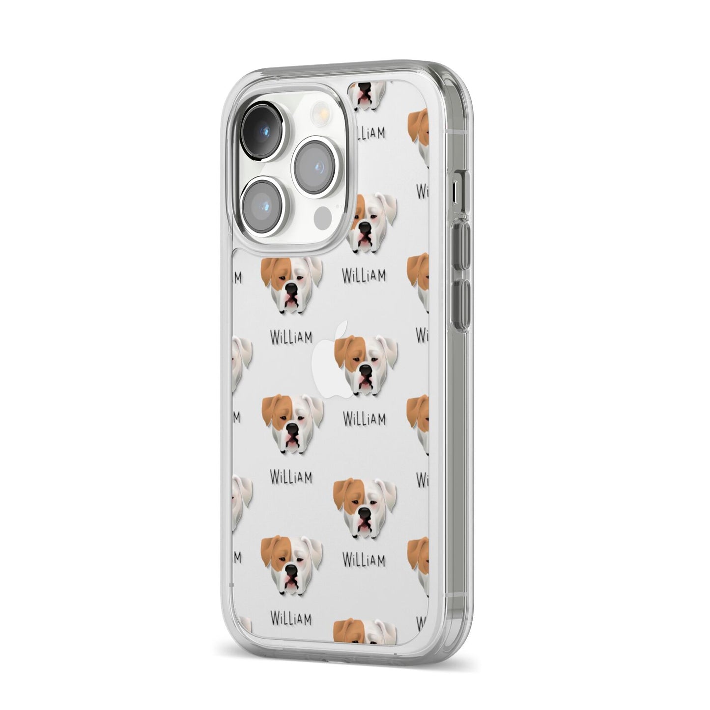 American Bulldog Icon with Name iPhone 14 Pro Clear Tough Case Silver Angled Image