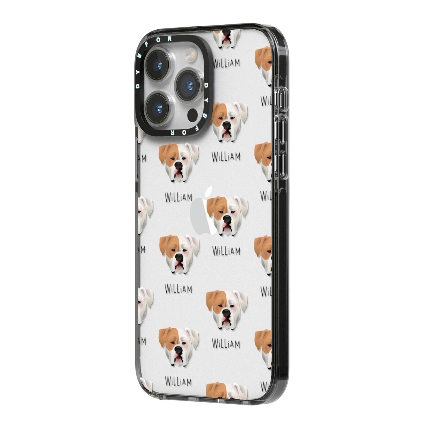 American Bulldog Icon with Name iPhone 14 Pro Max Black Impact Case Side Angle on Silver phone
