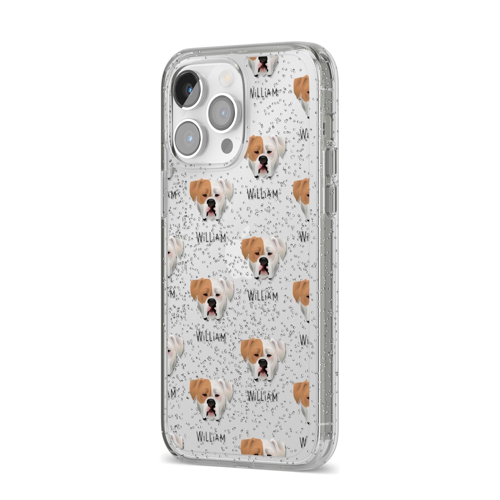 American Bulldog Icon with Name iPhone 14 Pro Max Glitter Tough Case Silver Angled Image