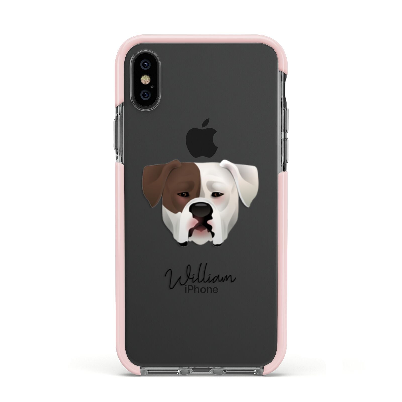 American Bulldog Personalised Apple iPhone Xs Impact Case Pink Edge on Black Phone