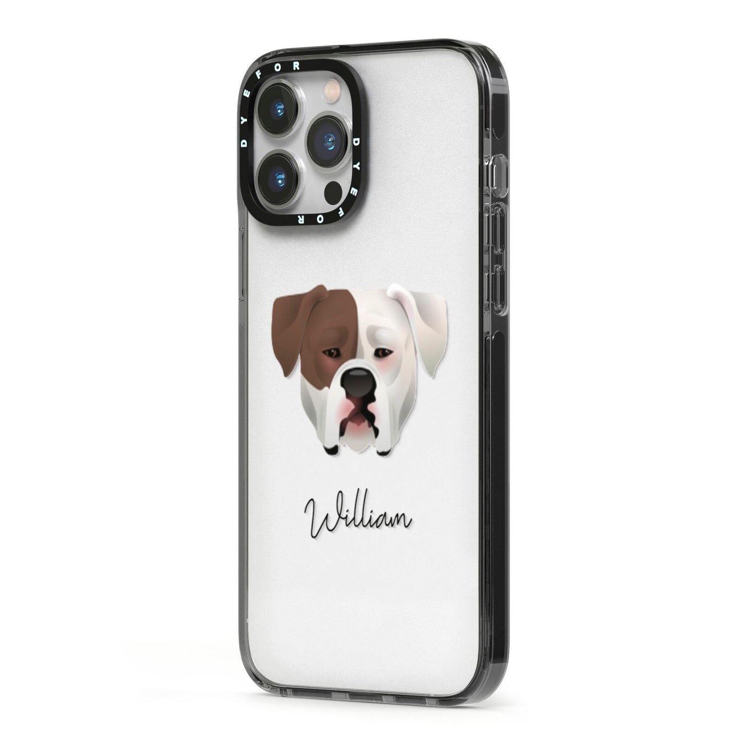 American Bulldog Personalised iPhone 13 Pro Max Black Impact Case Side Angle on Silver phone
