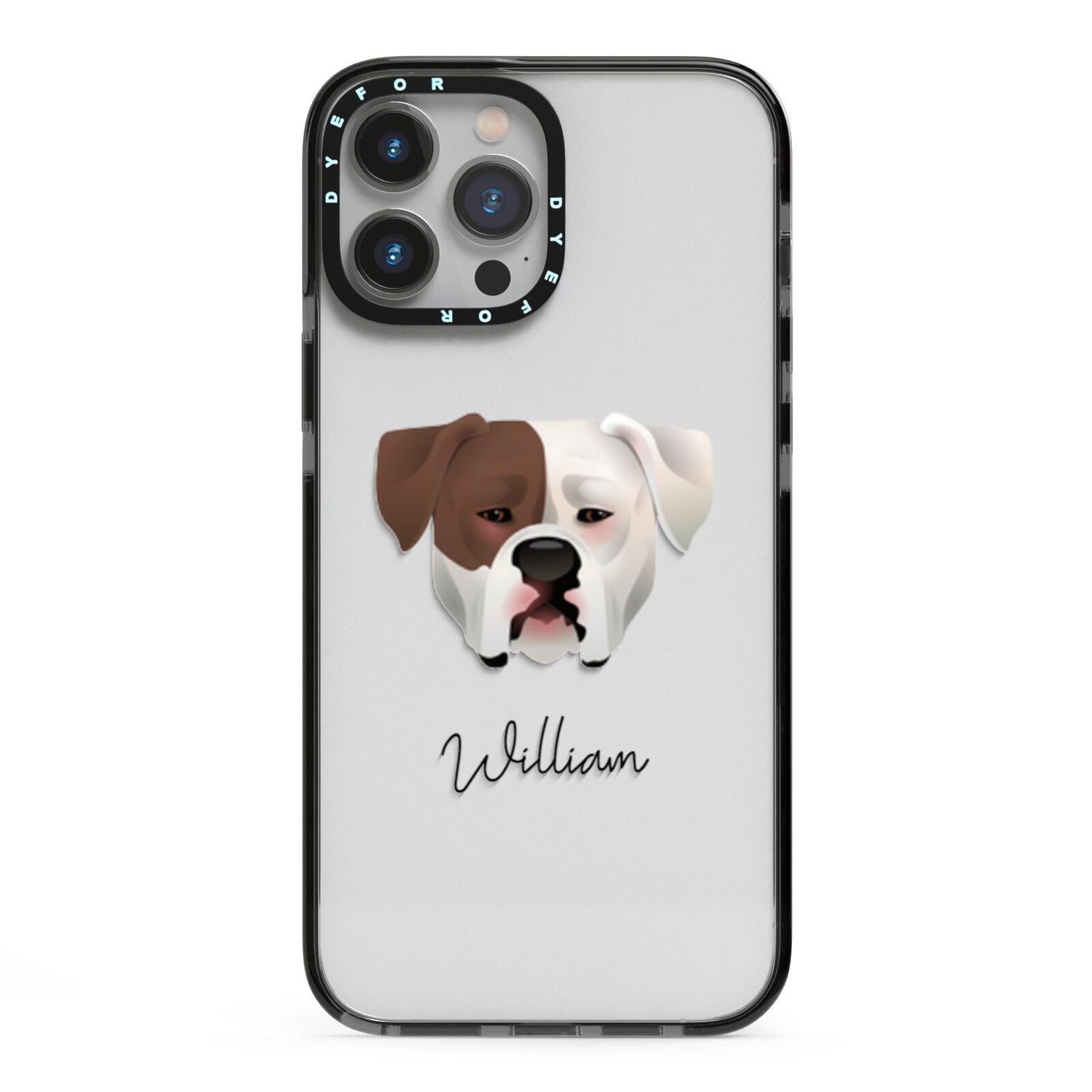 American Bulldog Personalised iPhone 13 Pro Max Black Impact Case on Silver phone