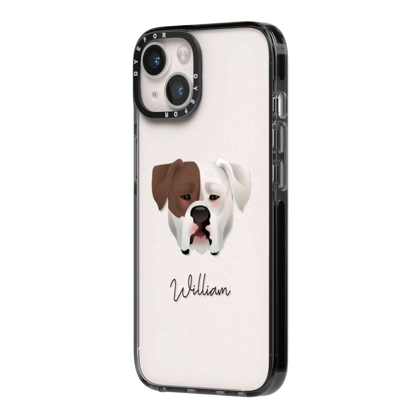 American Bulldog Personalised iPhone 14 Black Impact Case Side Angle on Silver phone