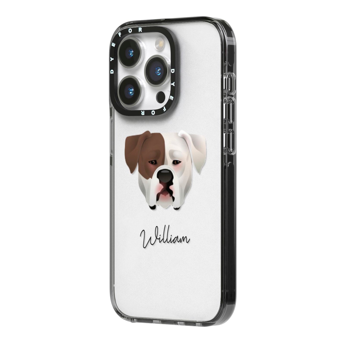 American Bulldog Personalised iPhone 14 Pro Black Impact Case Side Angle on Silver phone