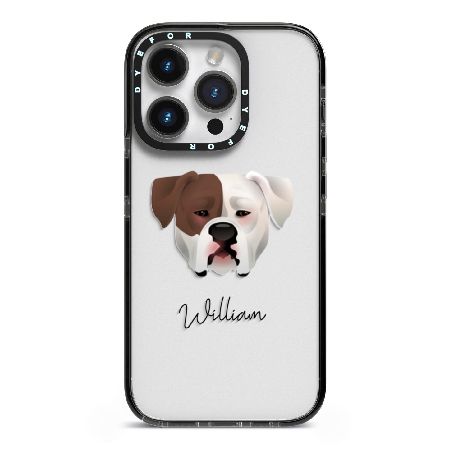 American Bulldog Personalised iPhone 14 Pro Black Impact Case on Silver phone