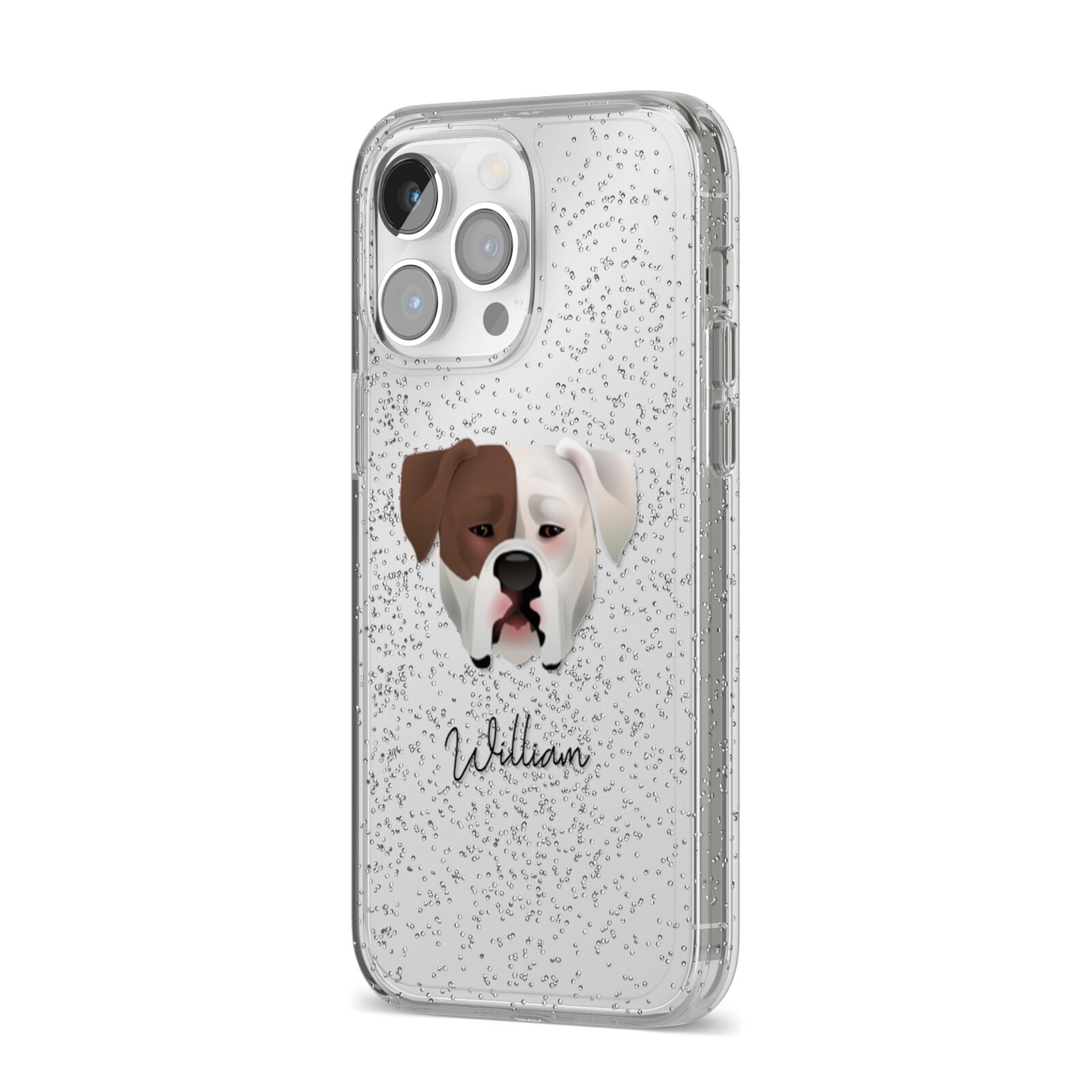 American Bulldog Personalised iPhone 14 Pro Max Glitter Tough Case Silver Angled Image
