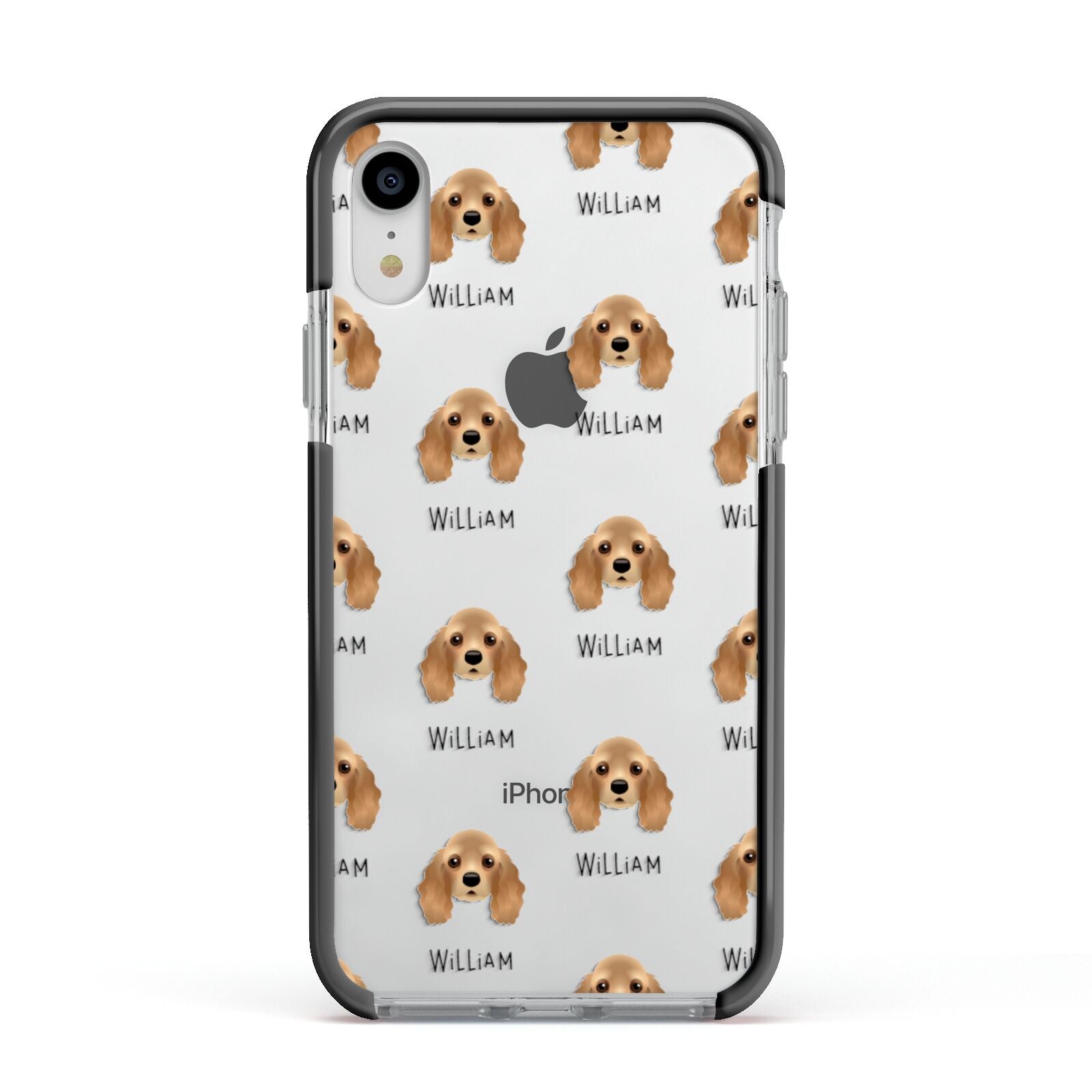 American Cocker Spaniel Icon with Name Apple iPhone XR Impact Case Black Edge on Silver Phone