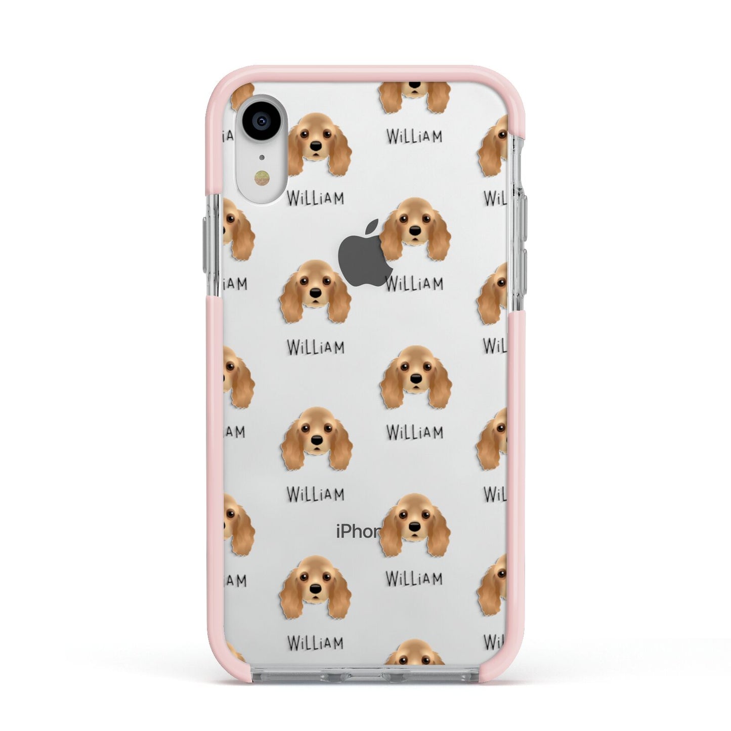American Cocker Spaniel Icon with Name Apple iPhone XR Impact Case Pink Edge on Silver Phone