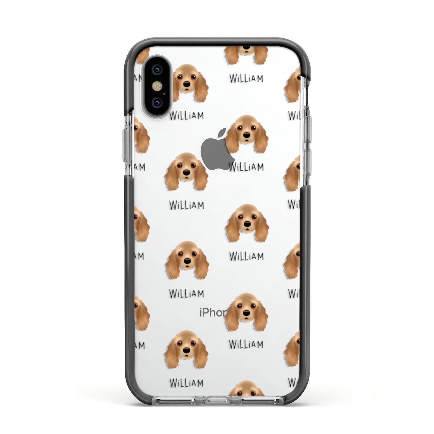 American Cocker Spaniel Icon with Name Apple iPhone Xs Impact Case Black Edge on Silver Phone